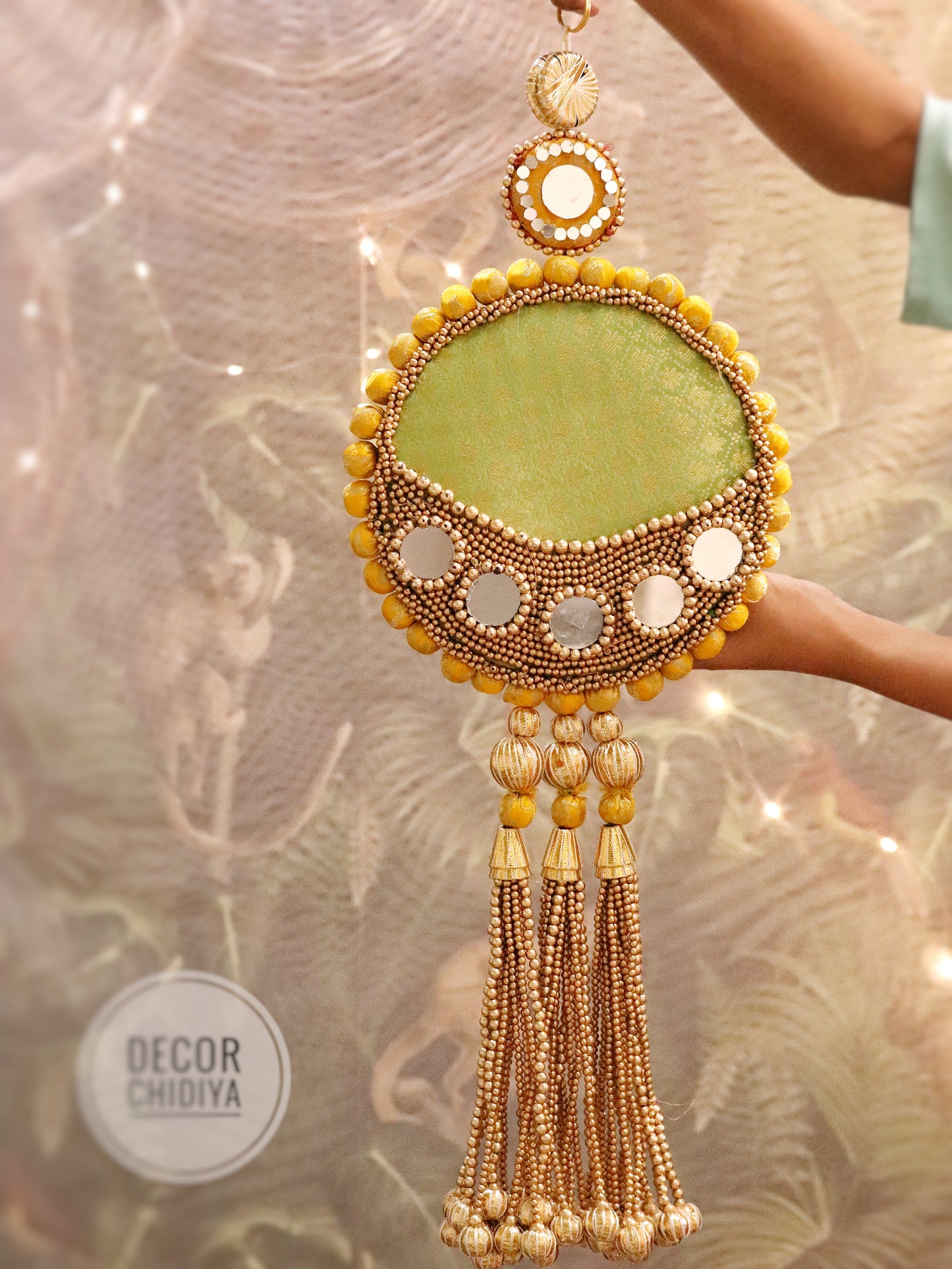 Aina - Mirror work wall hanging in Pistachio and Yellow - Parijat sunehri