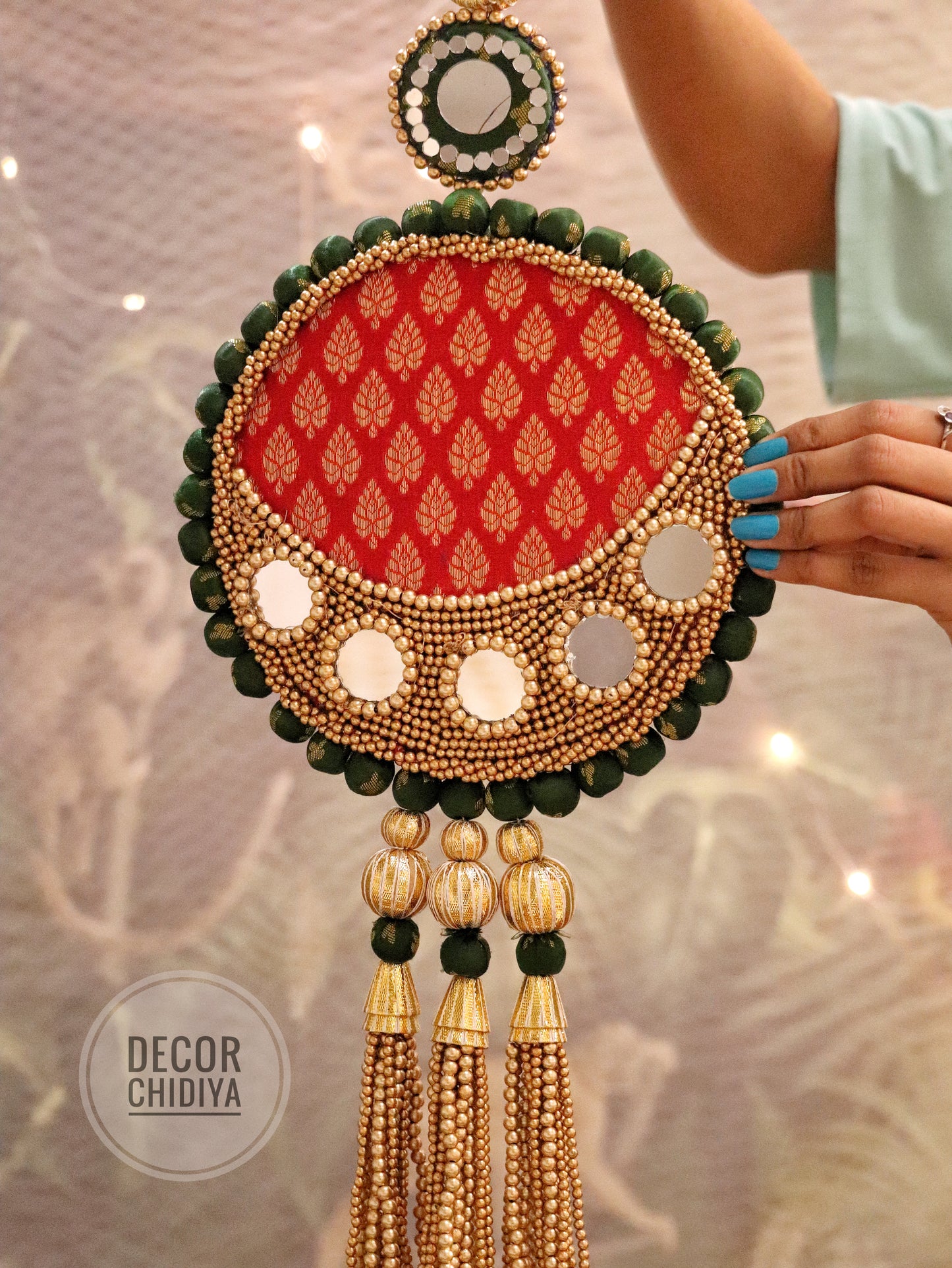 Aina - Mirror work wall hanging in Red and Green - Harit Kusum