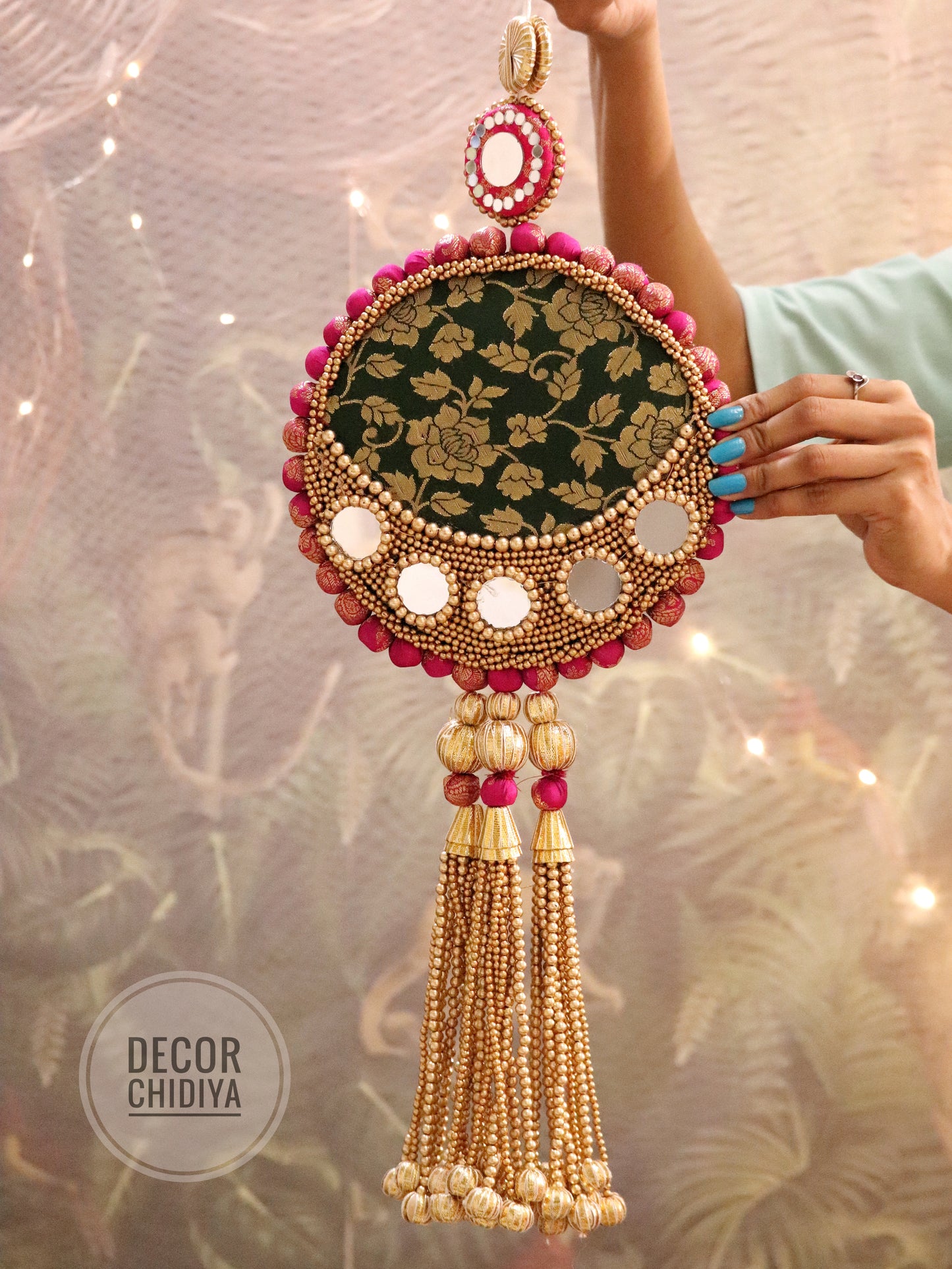 Aina - Mirror work wall hanging in Green and pink - Harit gulmohar