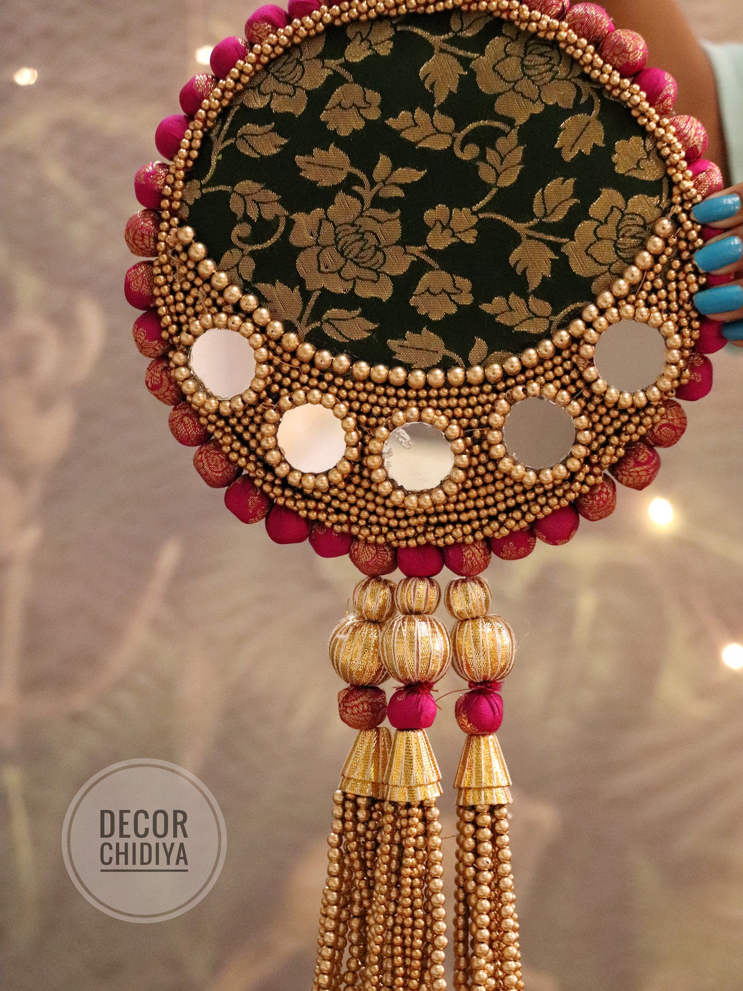 Aina - Mirror work wall hanging in Green and pink - Harit gulmohar