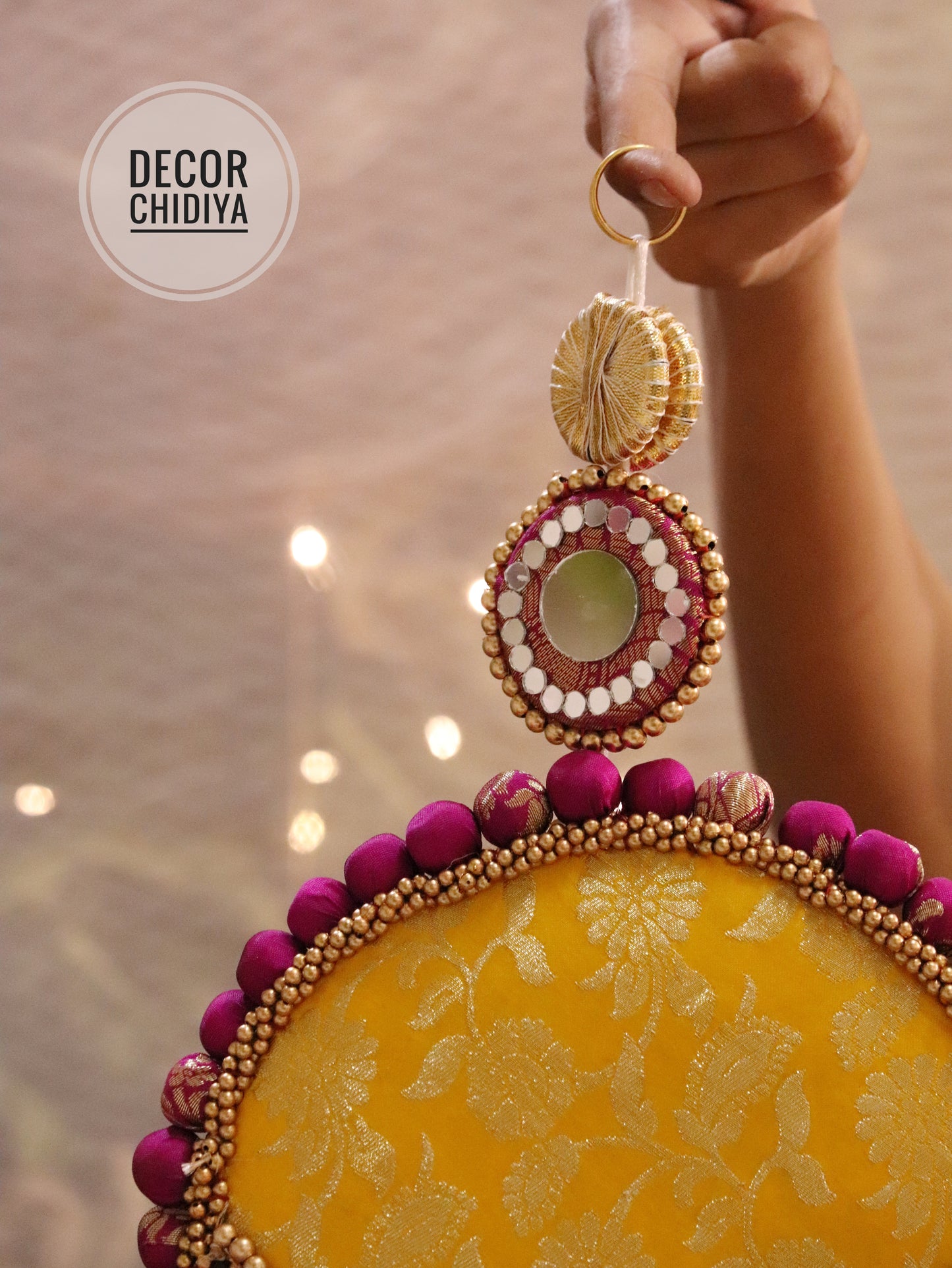 Aina - Mirror work wall hanging in Yellow and Pink - Sunehri gulmohar