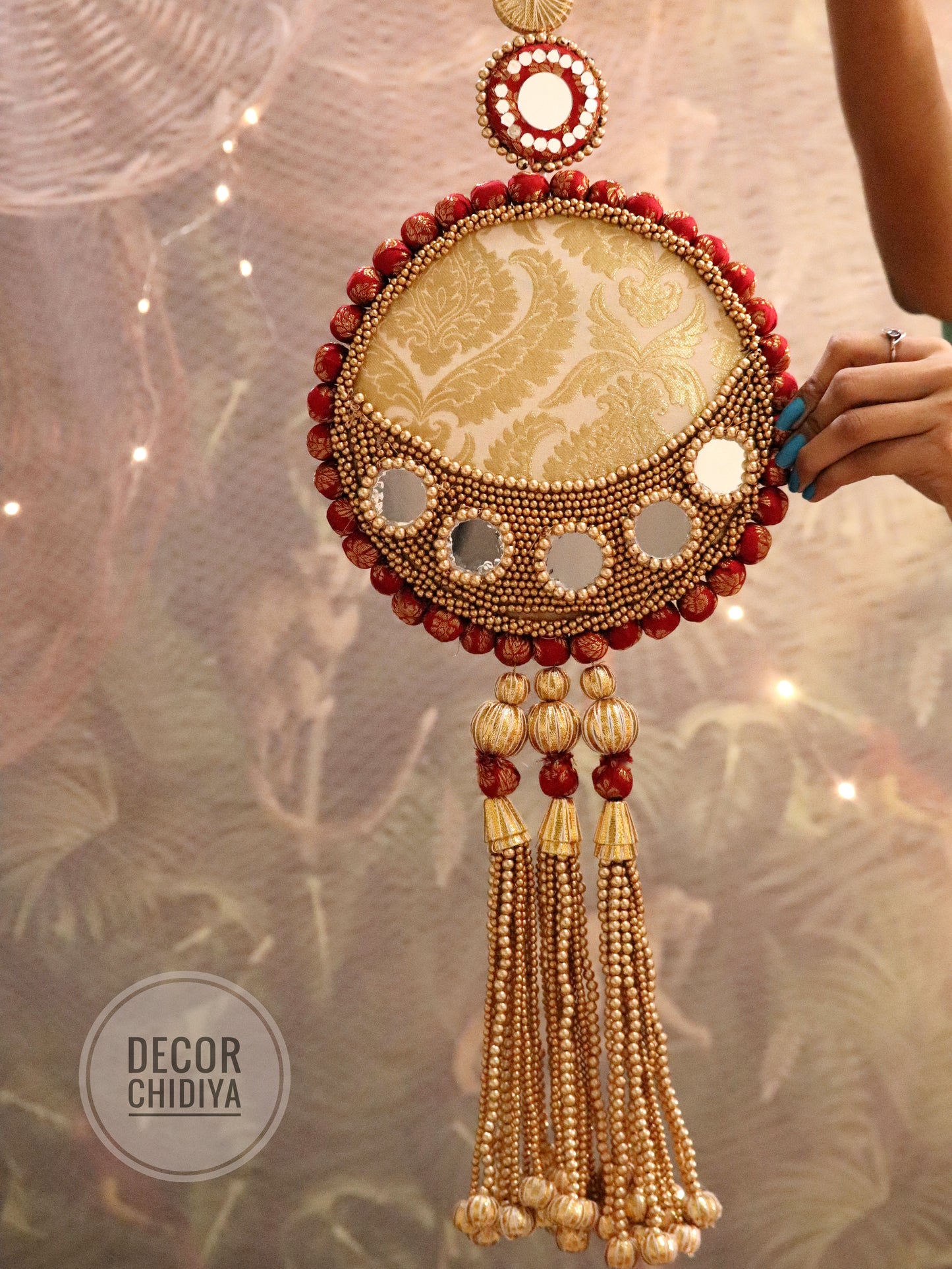 Aina - Mirror work wall hanging in Red and White - Chandra kumkum