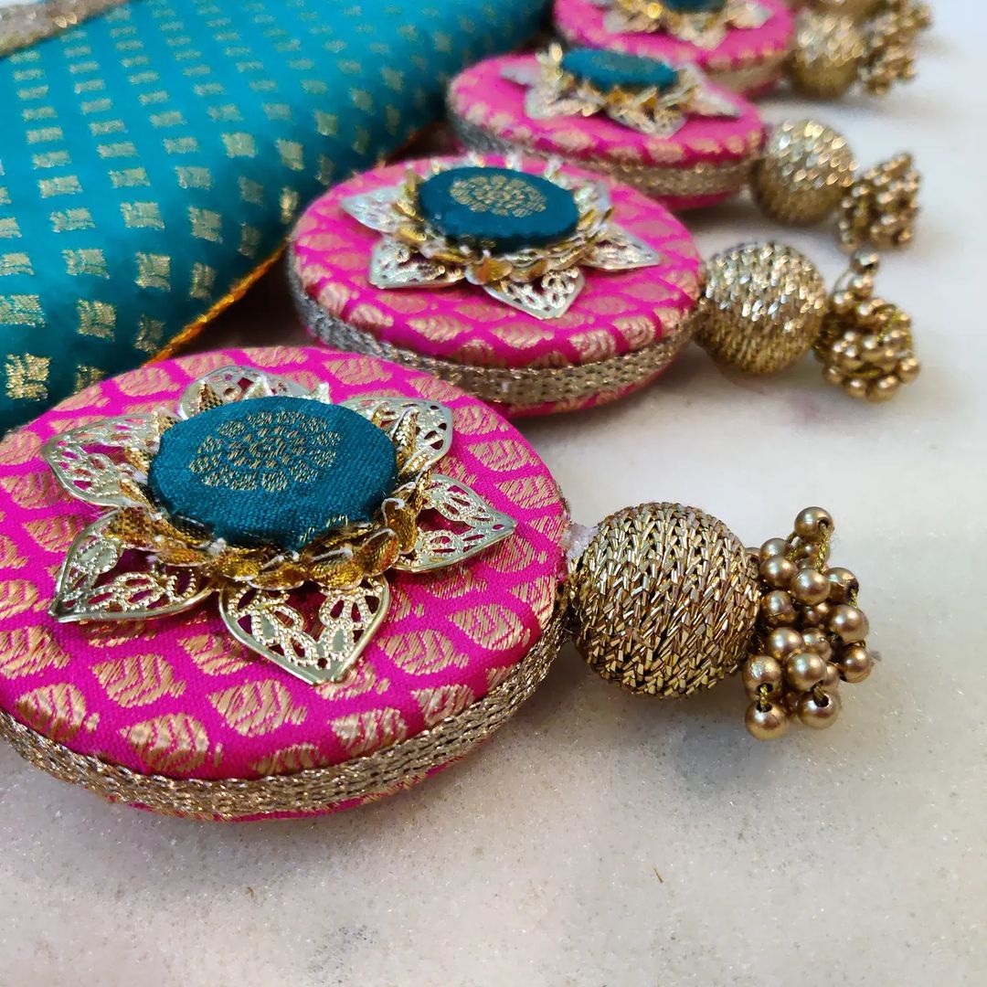 Classic Circular pendant Toran - Teal Gulabi - small motifs brocade toran