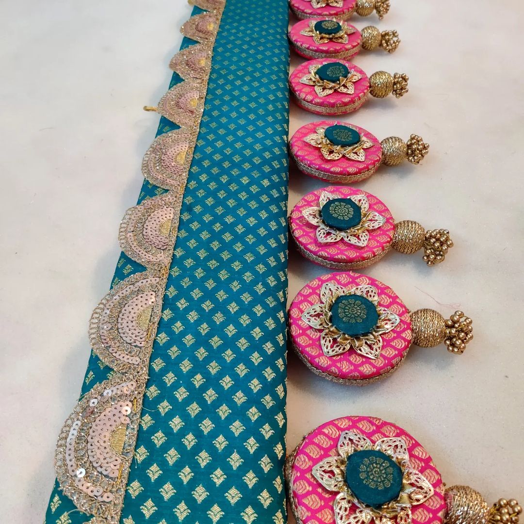 Classic Circular pendant Toran - Teal Gulabi - small motifs brocade toran