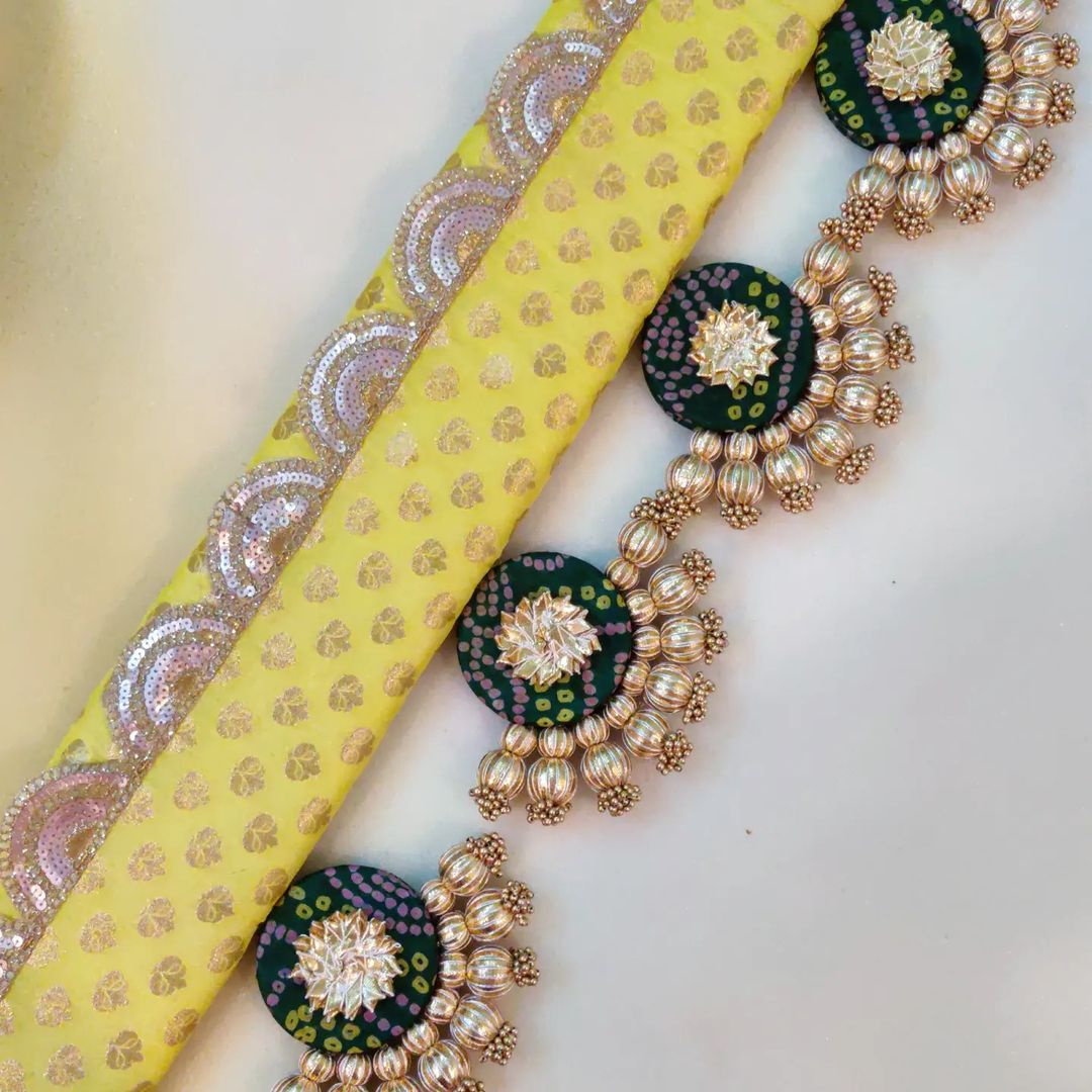 Classic Ardhchandrama or Circular pendant Toran - Hara peela - small motifs brocade toran
