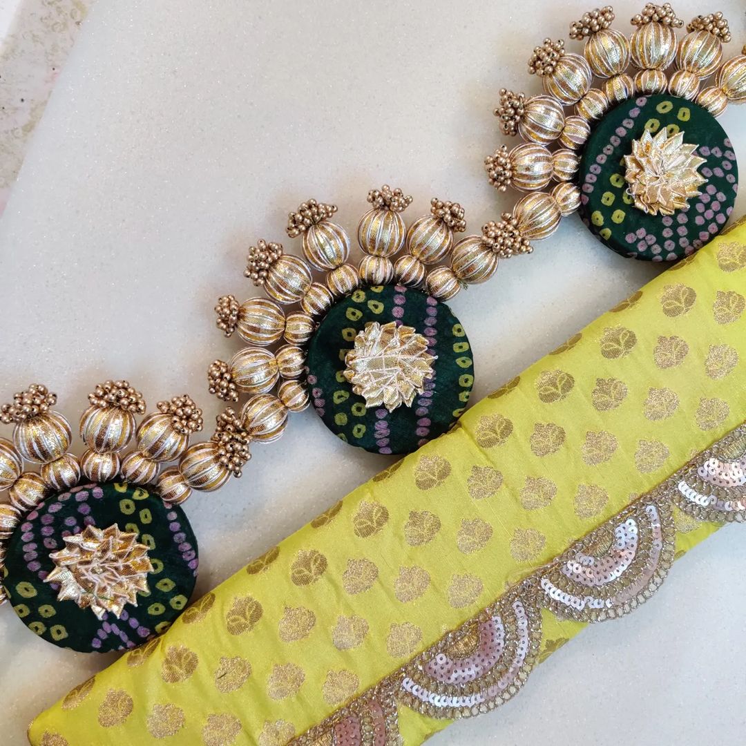 Classic Ardhchandrama or Circular pendant Toran - Hara peela - small motifs brocade toran