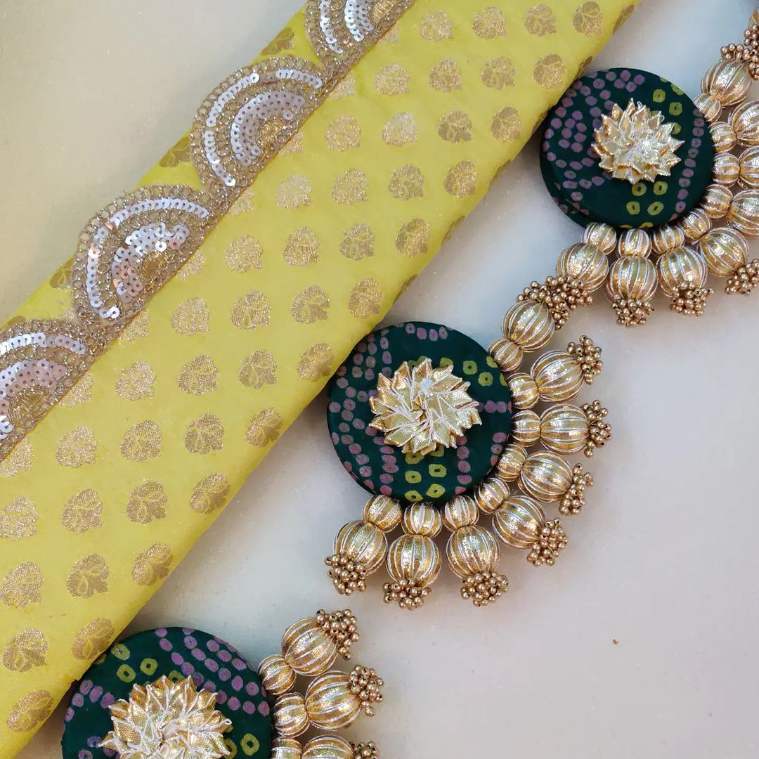 Classic Ardhchandrama or Circular pendant Toran - Hara peela - small motifs brocade toran