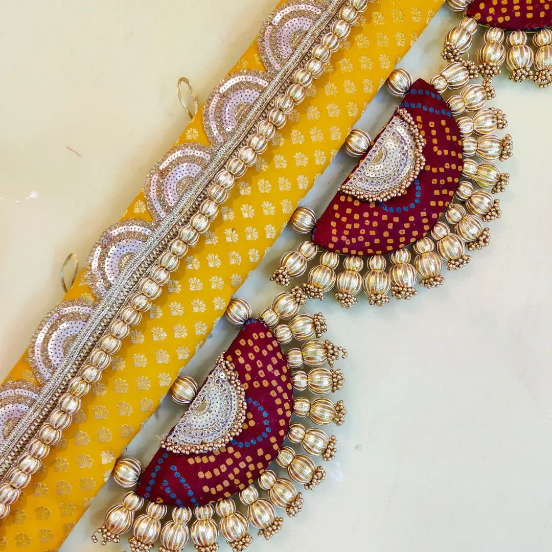 Classic Adhruv or halfmoon Toran - Surajmukhi aur laal- small motifs brocade toran