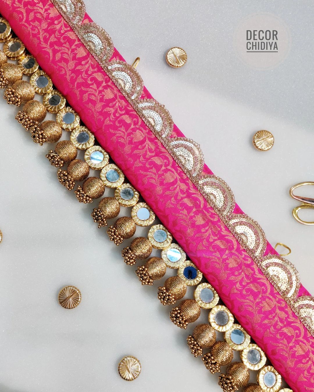 Mirror Straight Toran Gulaabi kalash - small motifs brocade toran