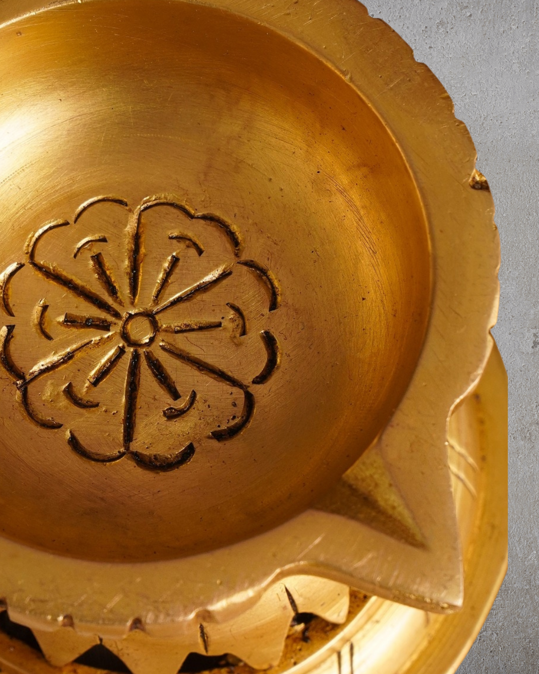 Antique Brass Deepak | Handcarved Oil Lamp with lotus base