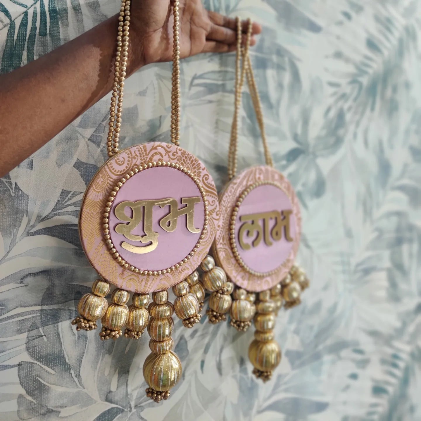Shubh labh hanging Pair -Pastel pink /Reversible / one side mirror