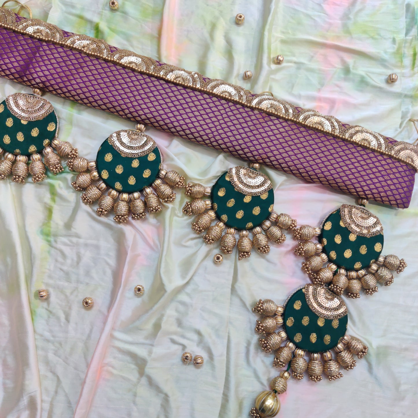Classic - long sides - Ardhchandrama or Circular pendant Toran - Gulabi Hara - small motifs brocade toran