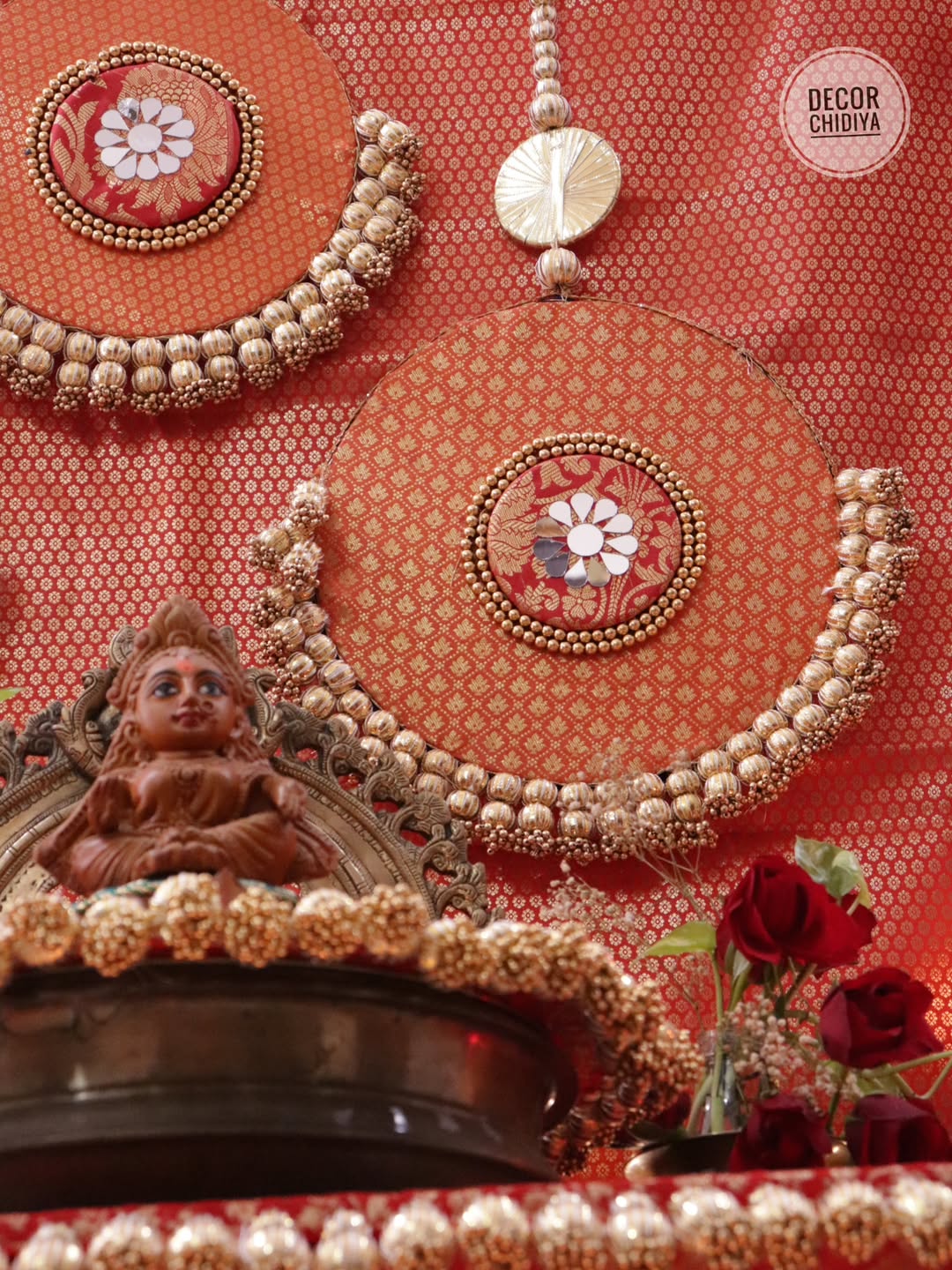 Sindoori Saaj – All Red Banarasi Pooja Temple Decoration Set | Traditional Red & Gold Mandir Decor