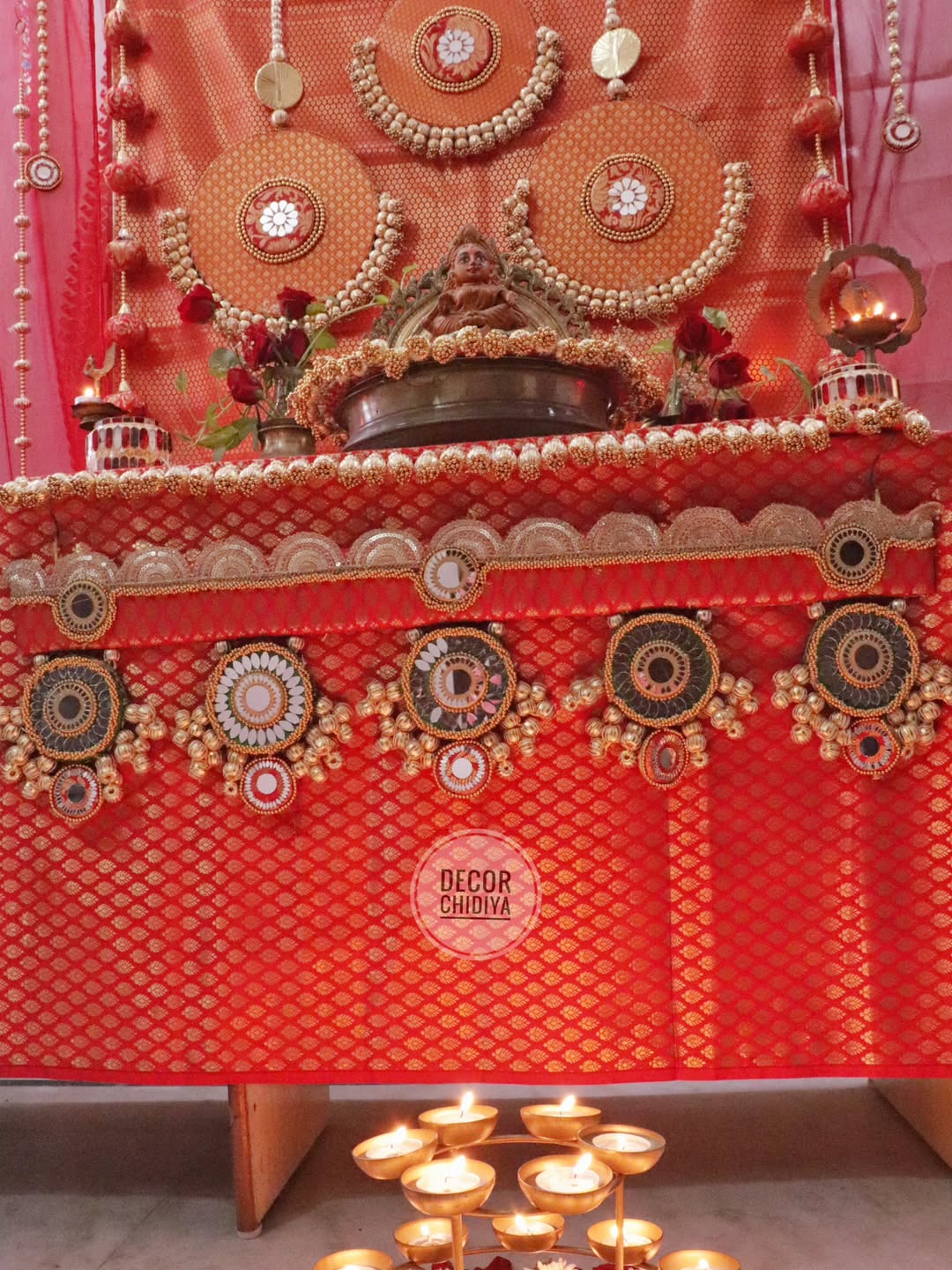 Sindoori Saaj – All Red Banarasi Pooja Temple Decoration Set | Traditional Red & Gold Mandir Decor
