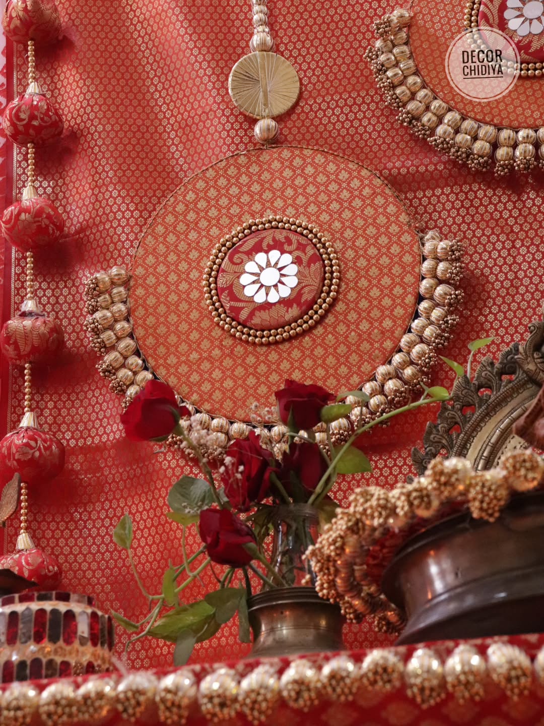 Sindoori Saaj – All Red Banarasi Pooja Temple Decoration Set | Traditional Red & Gold Mandir Decor