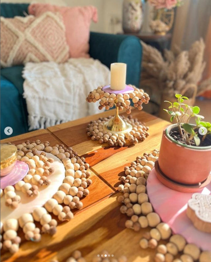 Blush Pink & Pastel Green Wooden Beads Placemat Set: Elegant 6-Piece Dining Ensemble
