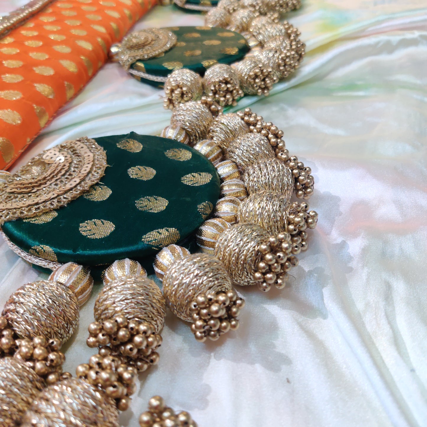 Classic - long sides - Ardhchandrama or Circular pendant Toran - Narangi Hara - small motifs brocade toran