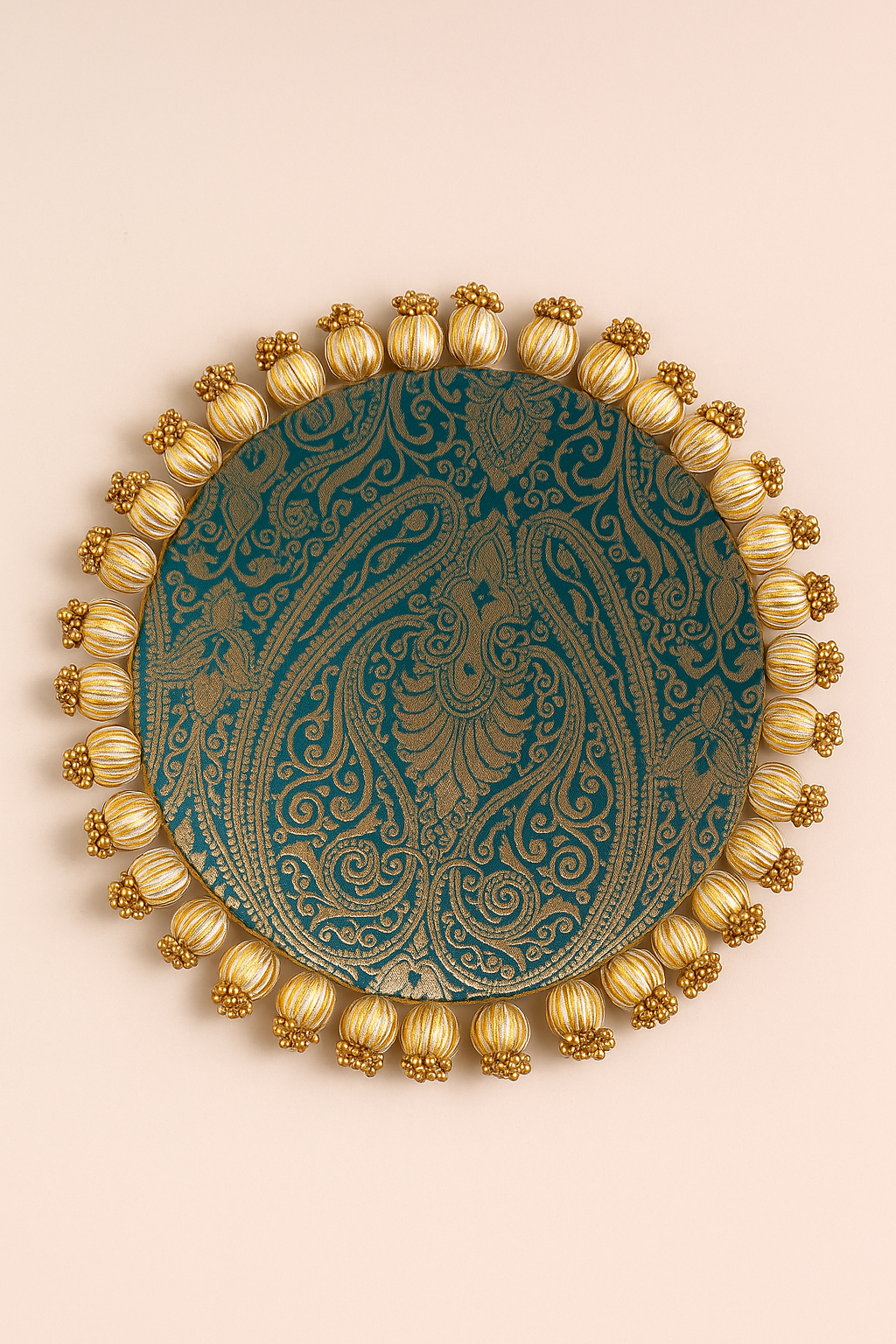 Teal Single Bead Tassel Placemat – Mor Rang Ektara Brocade Table Mat