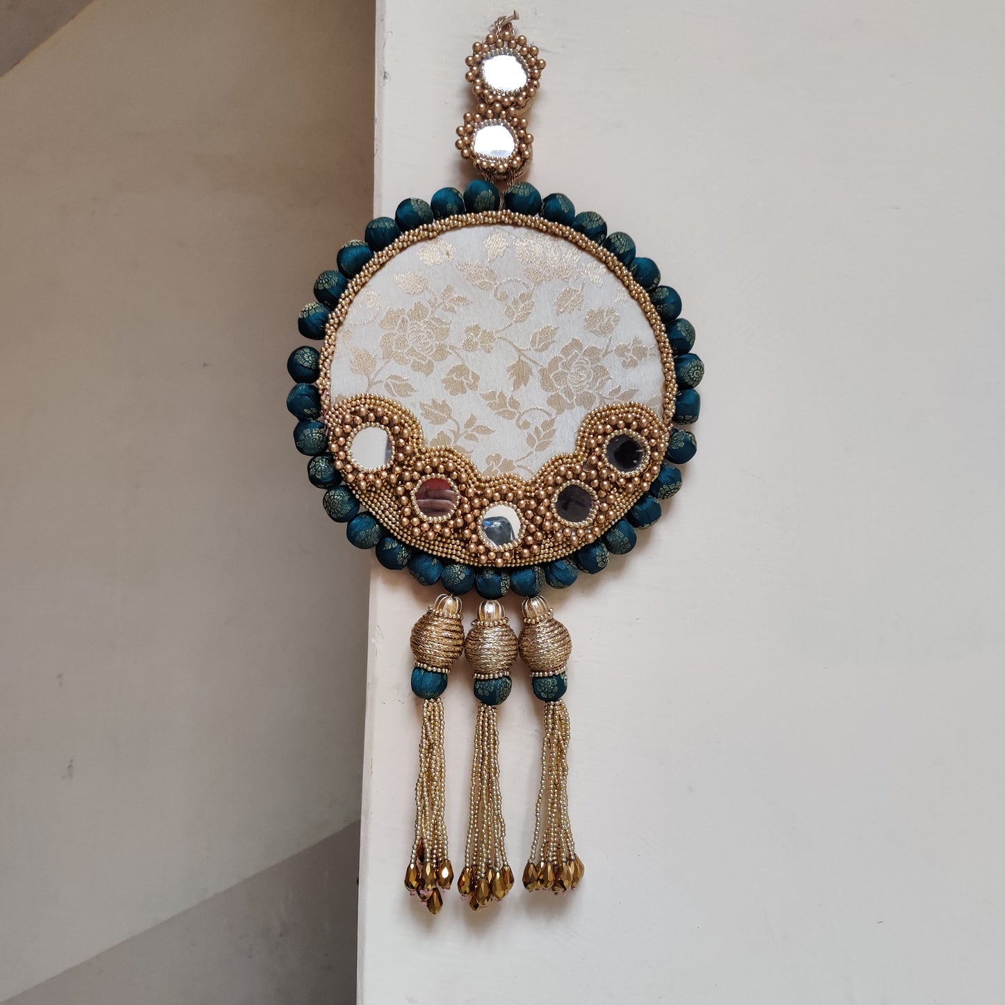 mirrorwork wall hanging - Aina - white and teal color