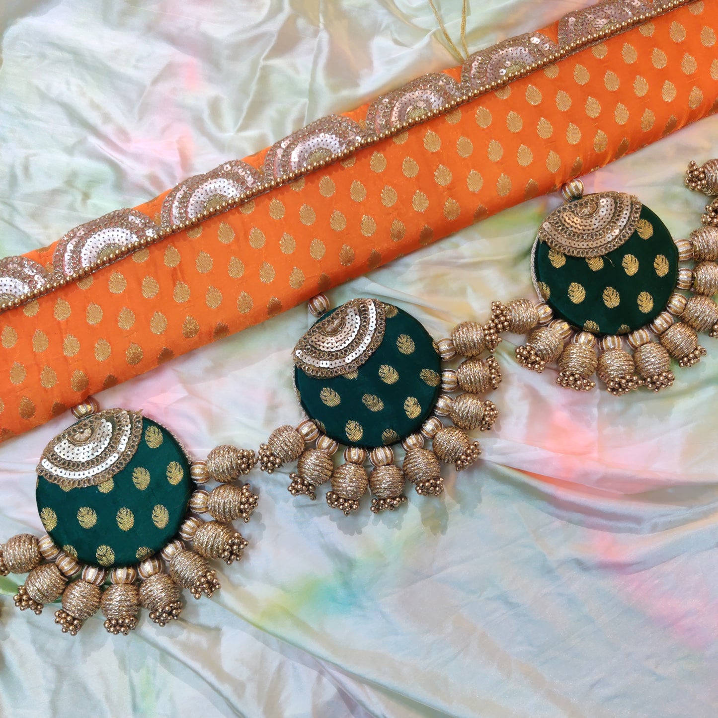 Classic - long sides - Ardhchandrama or Circular pendant Toran - Narangi Hara - small motifs brocade toran