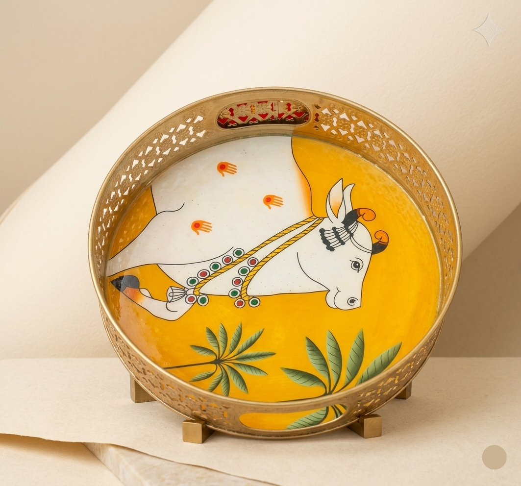 Yellow Pichwai Cow & Lotus Tray – 12 Inch