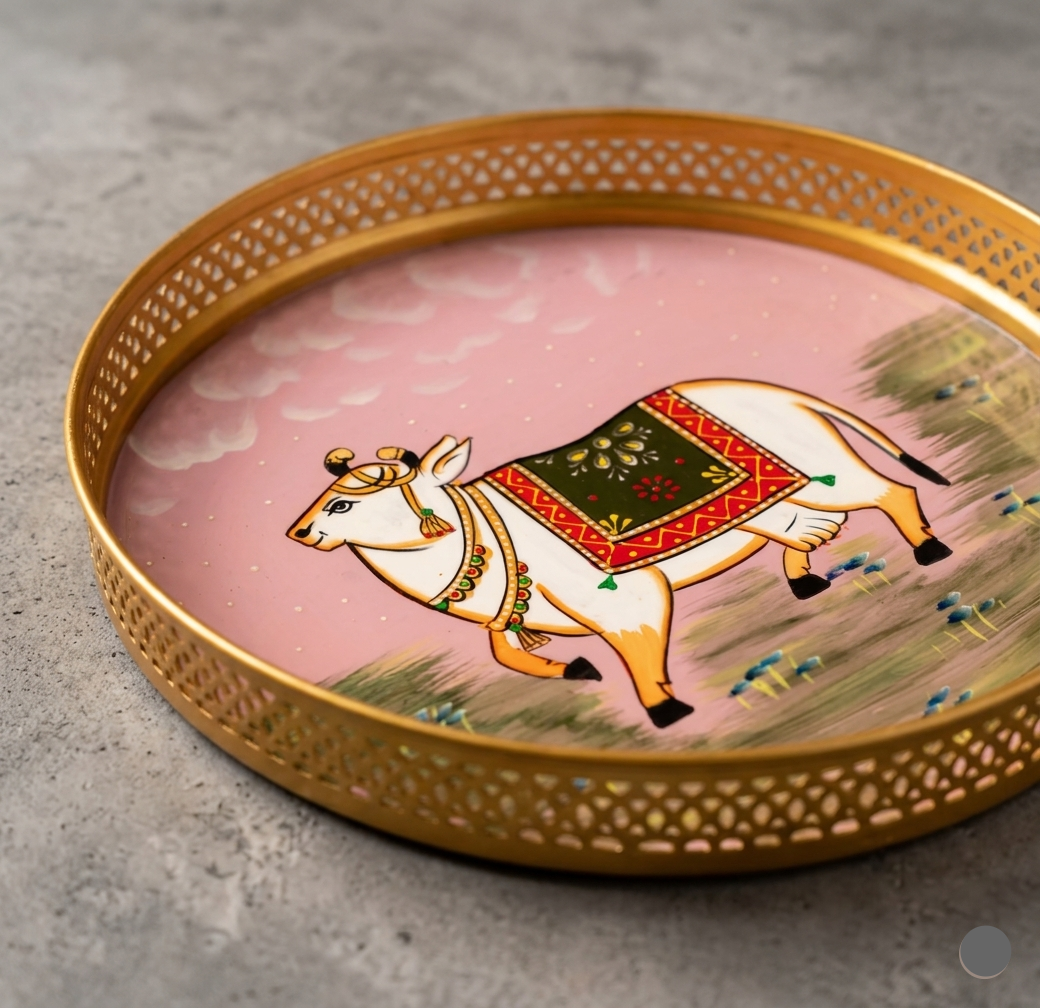 Light Pink Pichwai Cow & Lotus Tray – 12 Inch