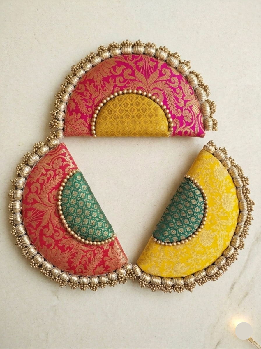 Handcrafted Banarasi Silk Semi Circle Placemat Set with Pearl Beaded Border – Festive Table Decor