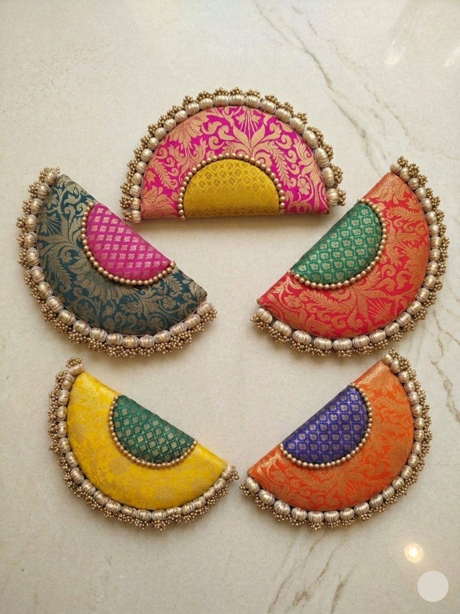 Handcrafted Banarasi Silk Semi Circle Placemat Set with Pearl Beaded Border – Festive Table Decor