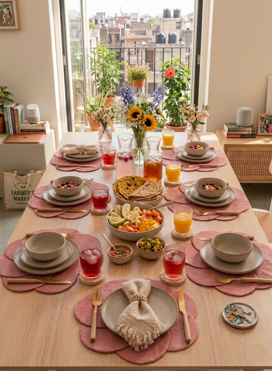 Blush pink Flower Shape Layered Placemat – Textured Brocade Table Mat
