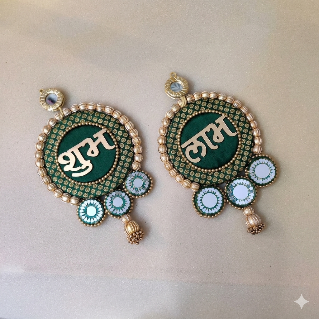 Mirrorwork Shubh labh hanging Pair - green / Pair /Reversible / one side mirror