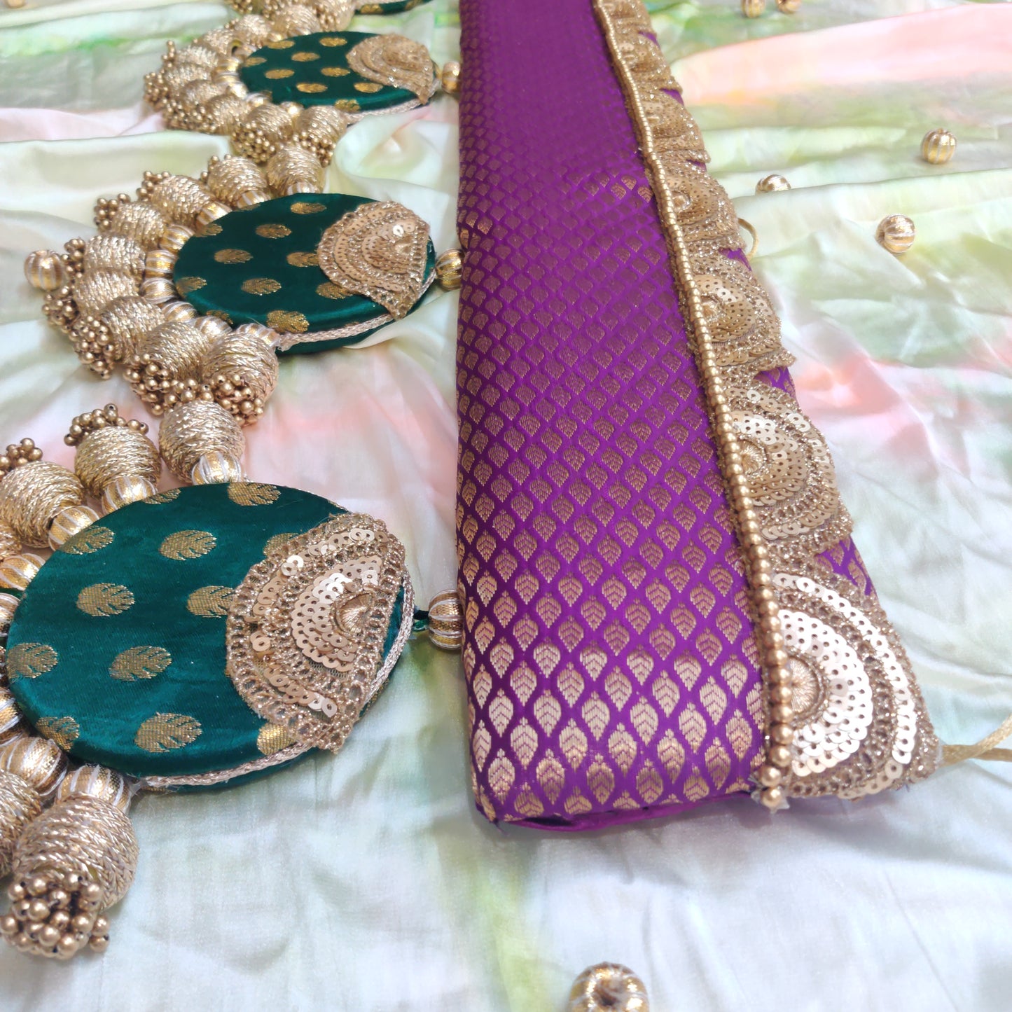 Classic - long sides - Ardhchandrama or Circular pendant Toran - Gulabi Hara - small motifs brocade toran