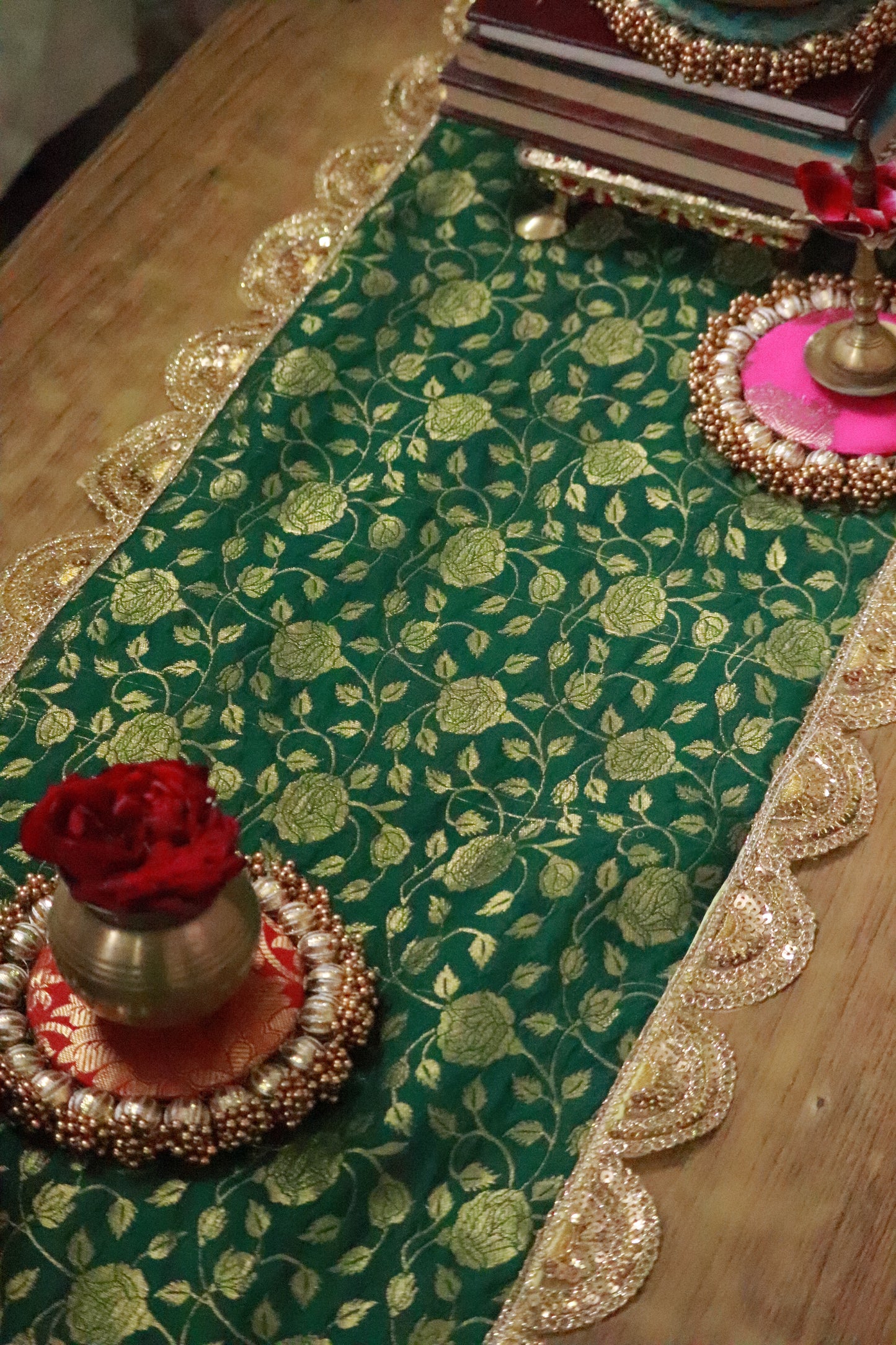 Banarasi Table runner - various sizes - emerald green color