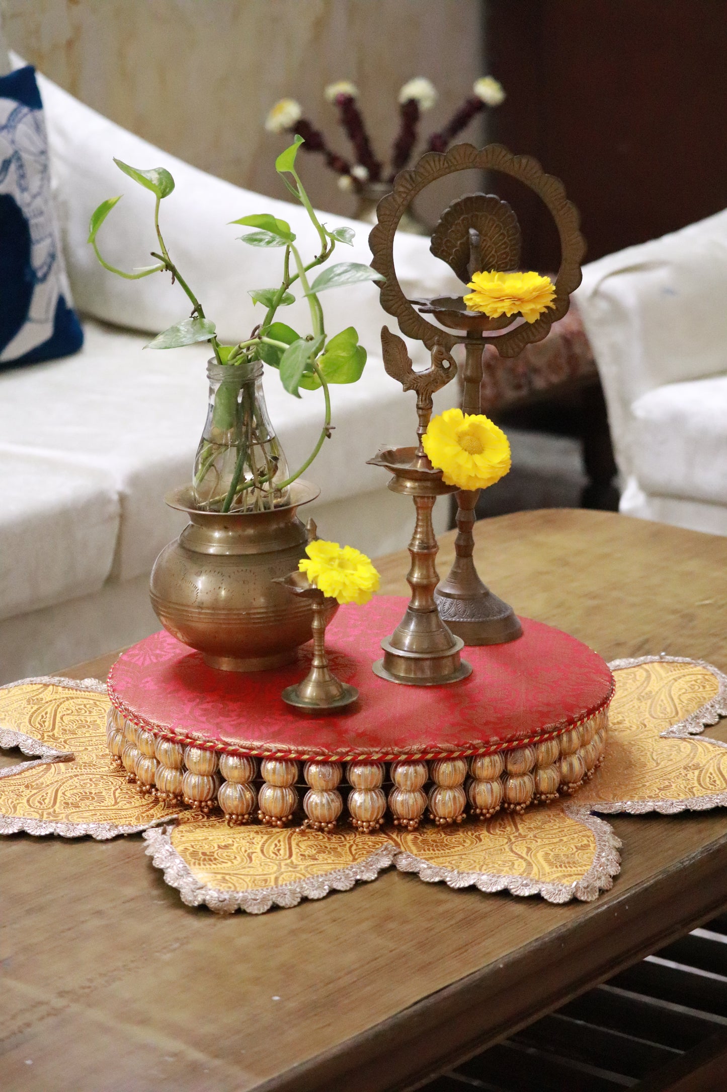 Flower shaped Banarasi Table runner - various sizes - yellow color