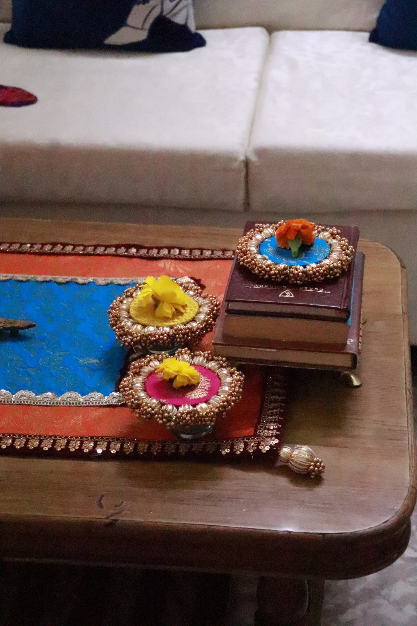 Embroided Banarasi Table runner - Orange and teal color