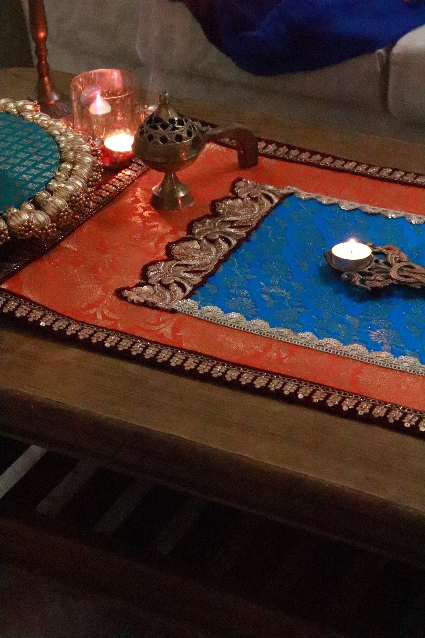 Embroided Banarasi Table runner - Orange and teal color