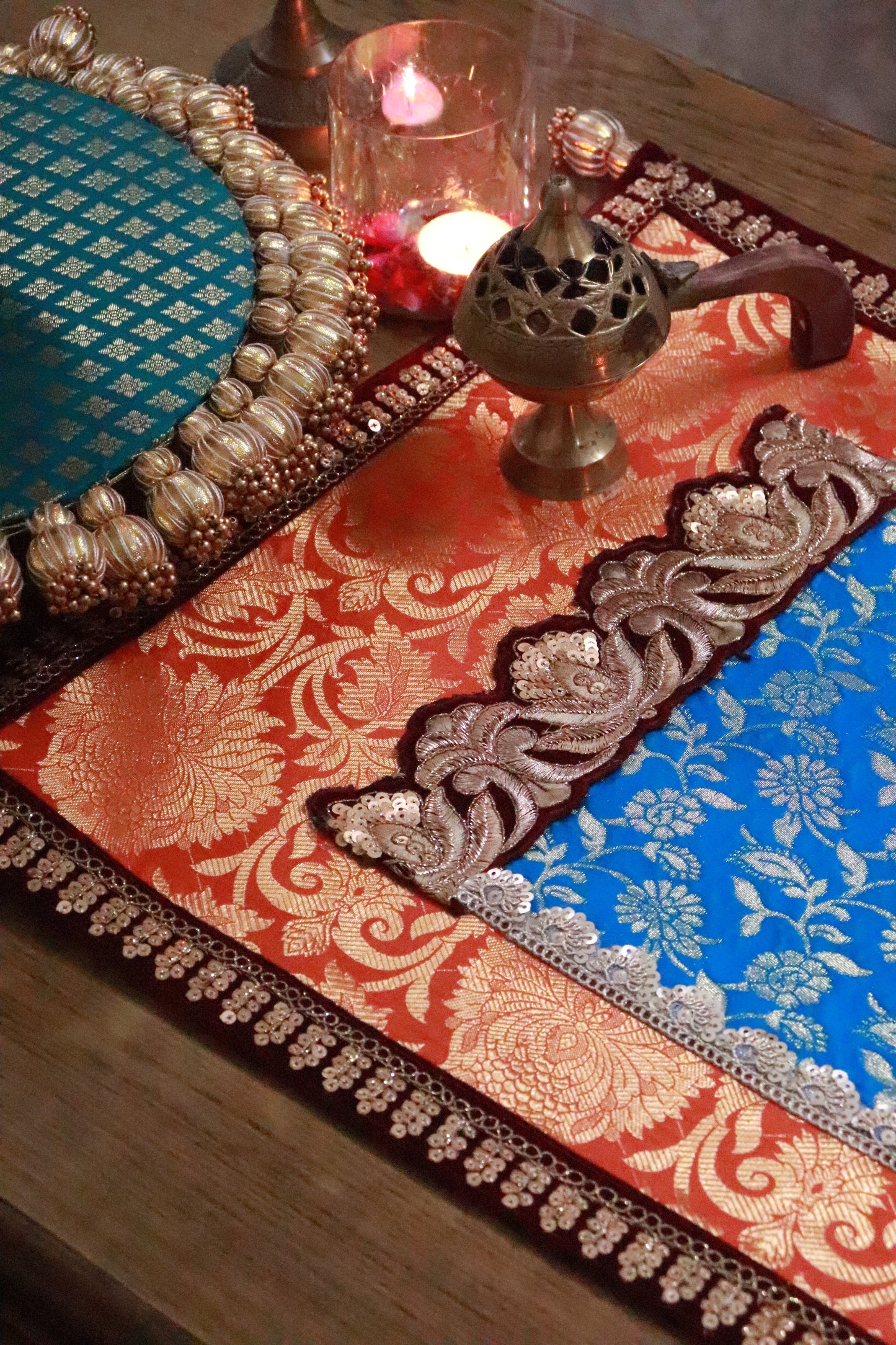 Embroided Banarasi Table runner - Orange and teal color