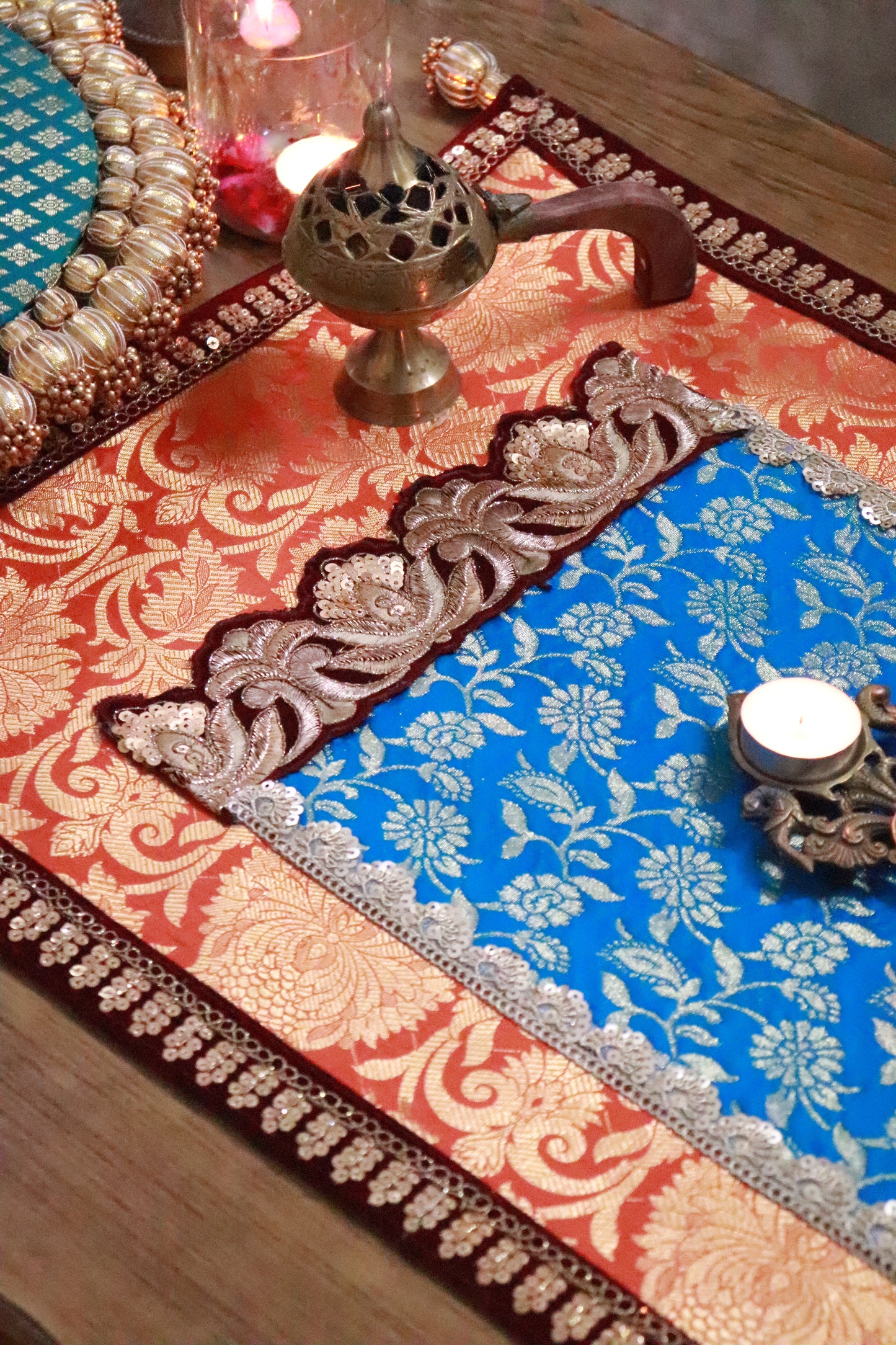 Embroided Banarasi Table runner - Orange and teal color