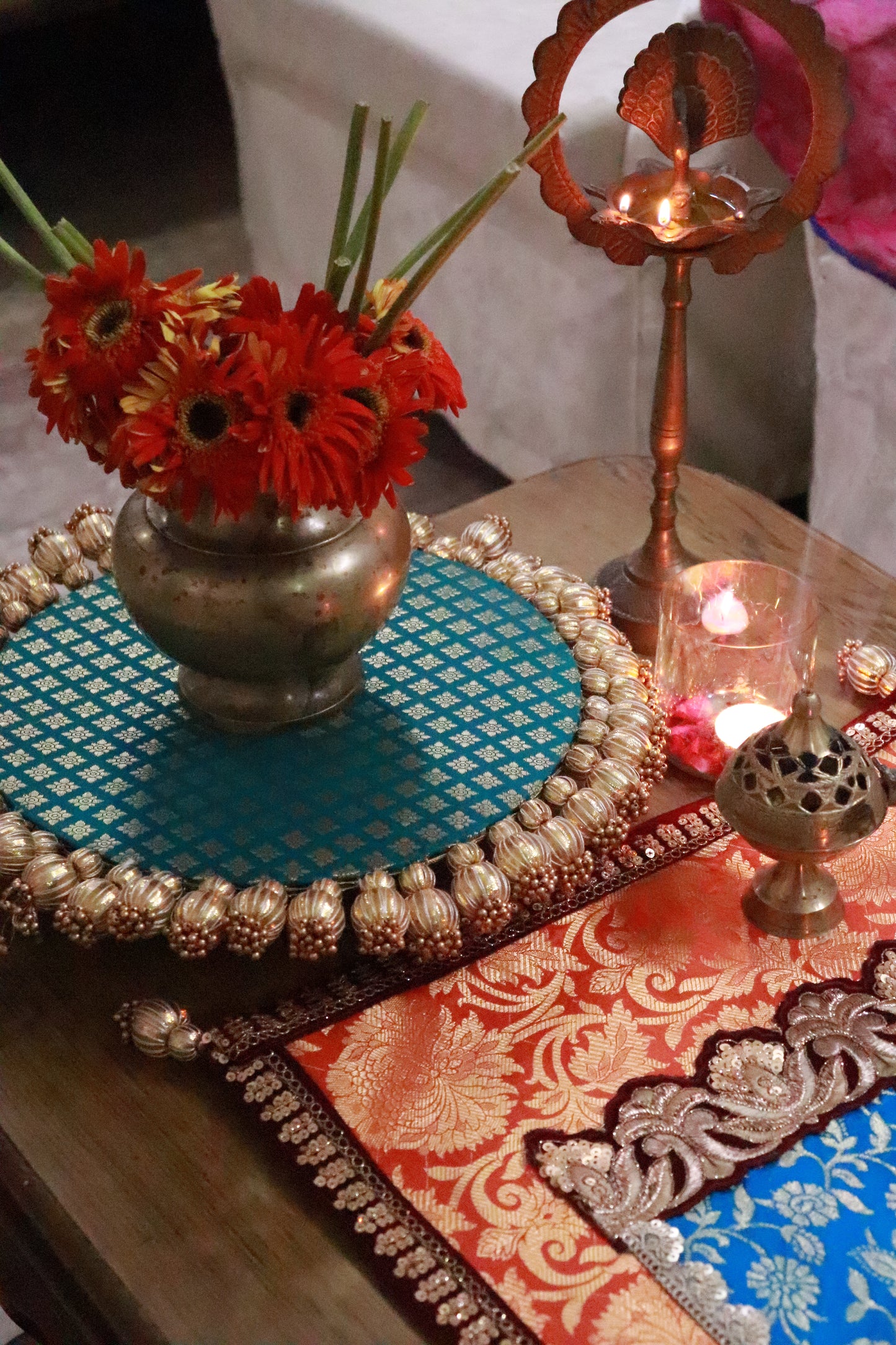 Embroided Banarasi Table runner - Orange and teal color
