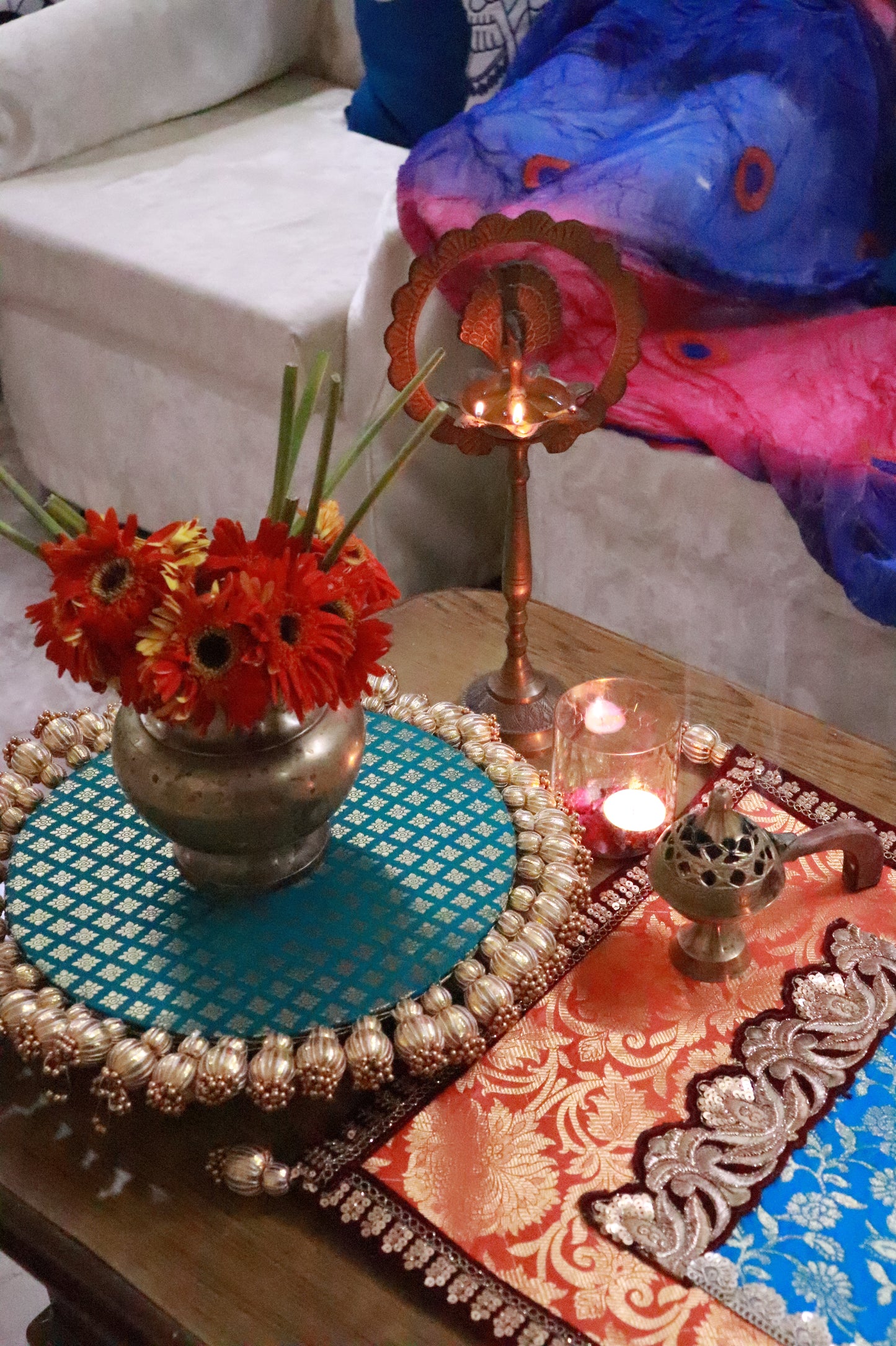 Embroided Banarasi Table runner - Orange and teal color
