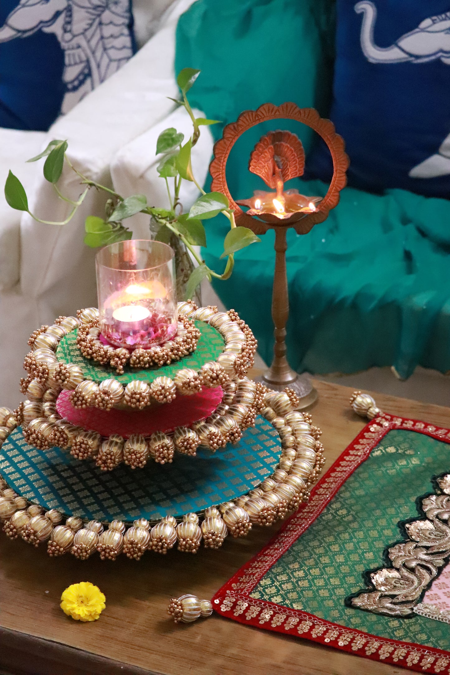 Embroided Banarasi Table runner - Green and pink