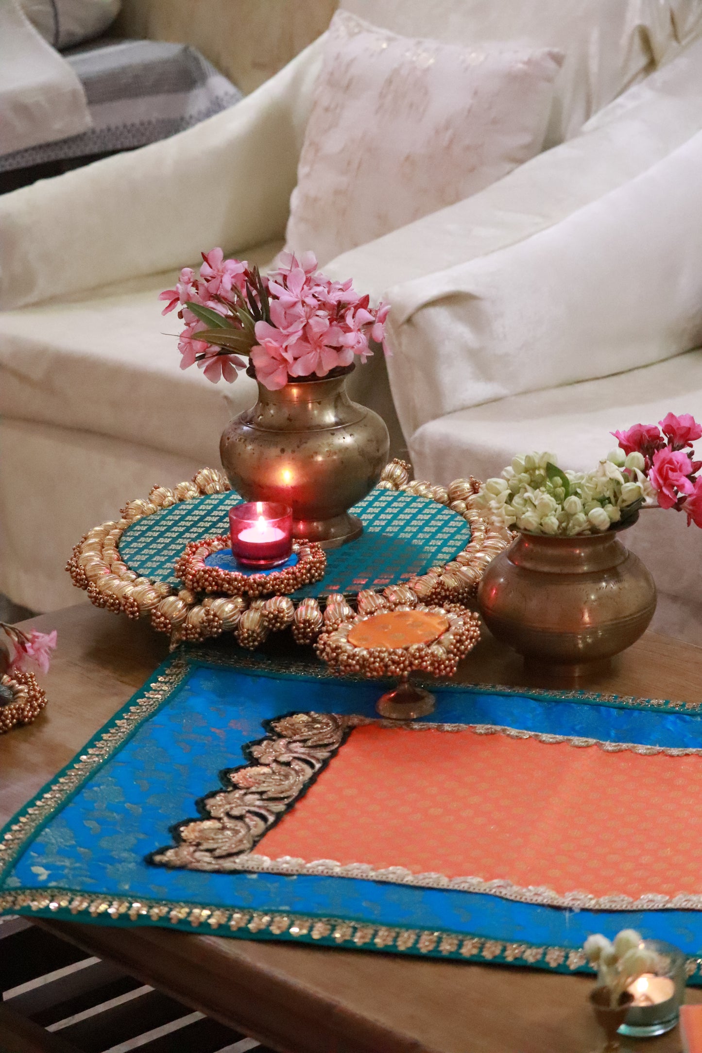 Embroided Banarasi Table runner - Teal and orange