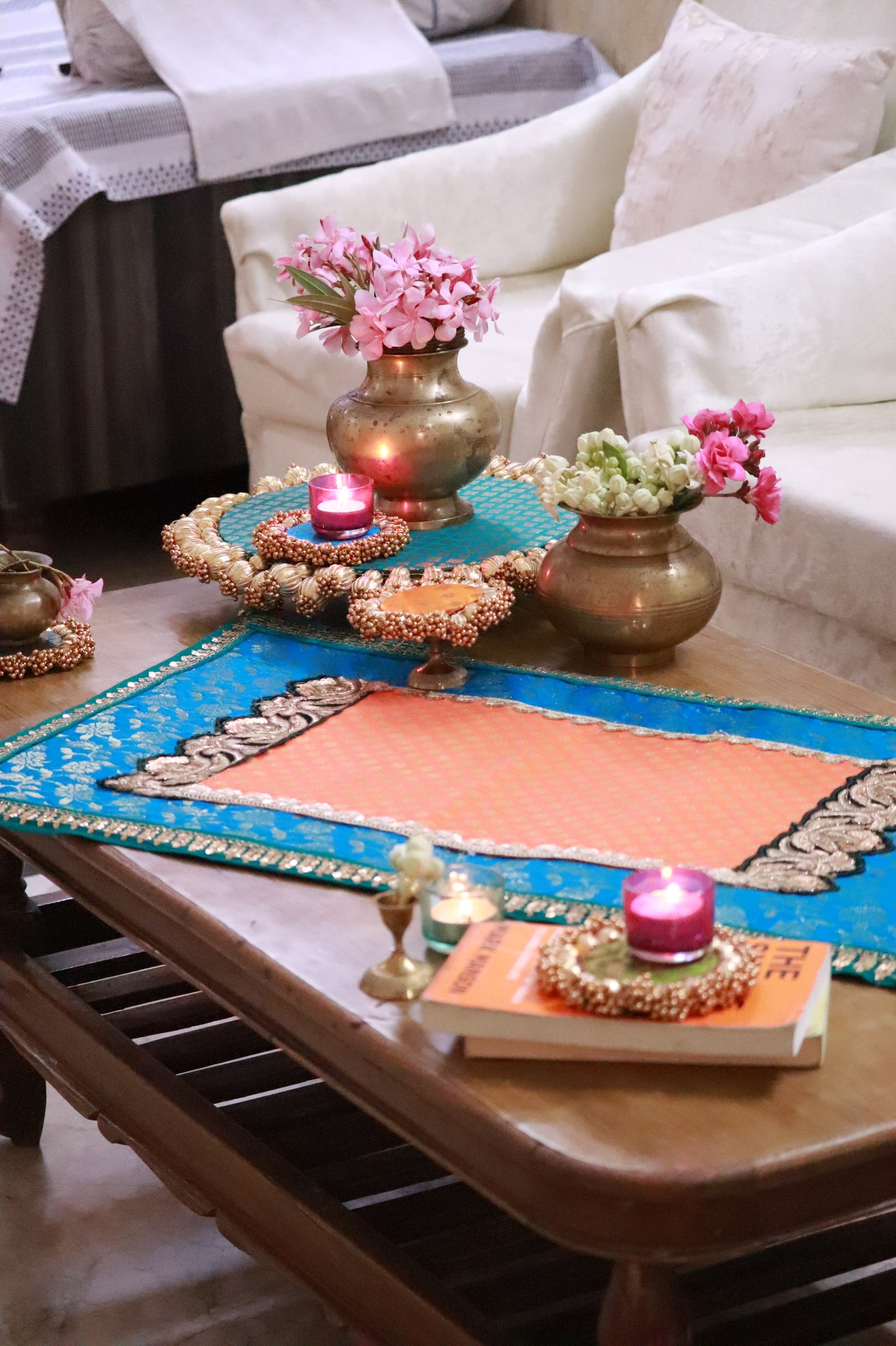 Embroided Banarasi Table runner - Teal and orange