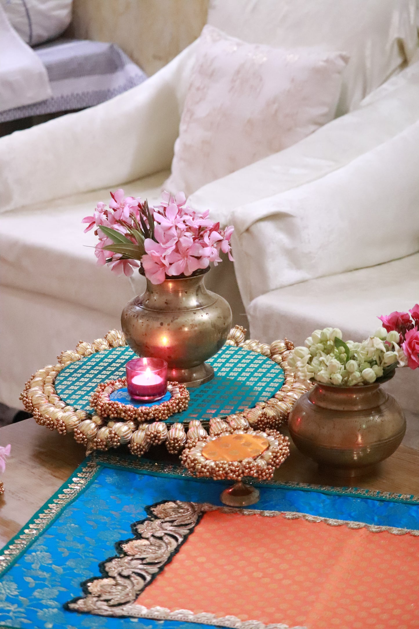 Embroided Banarasi Table runner - Teal and orange