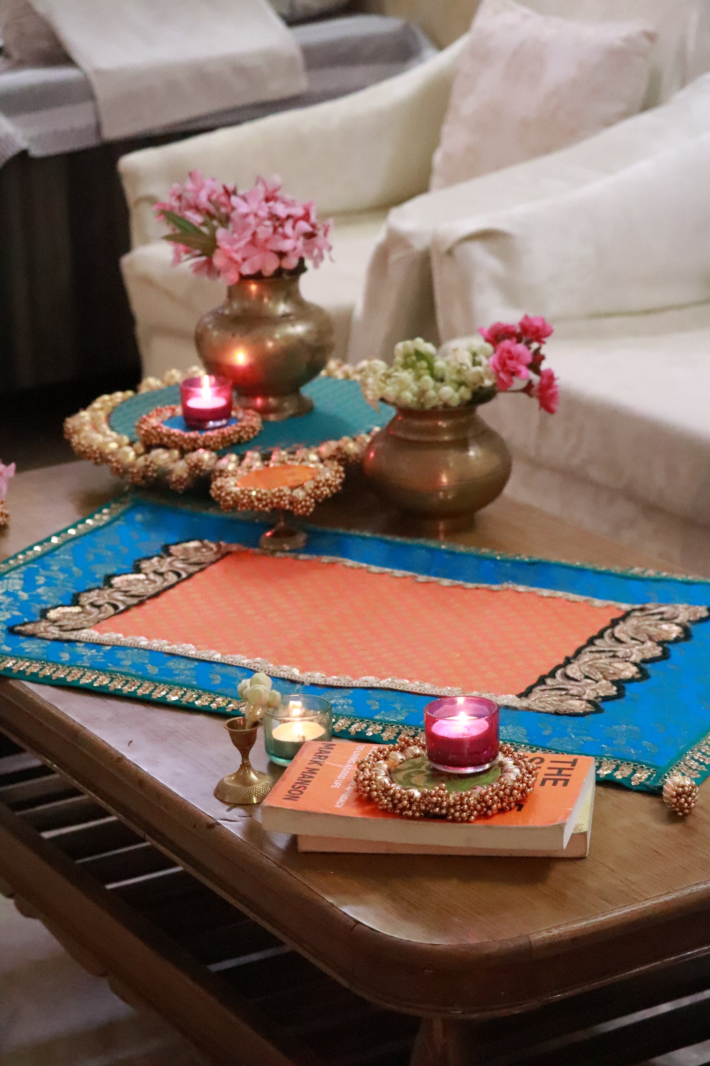 Embroided Banarasi Table runner - Teal and orange