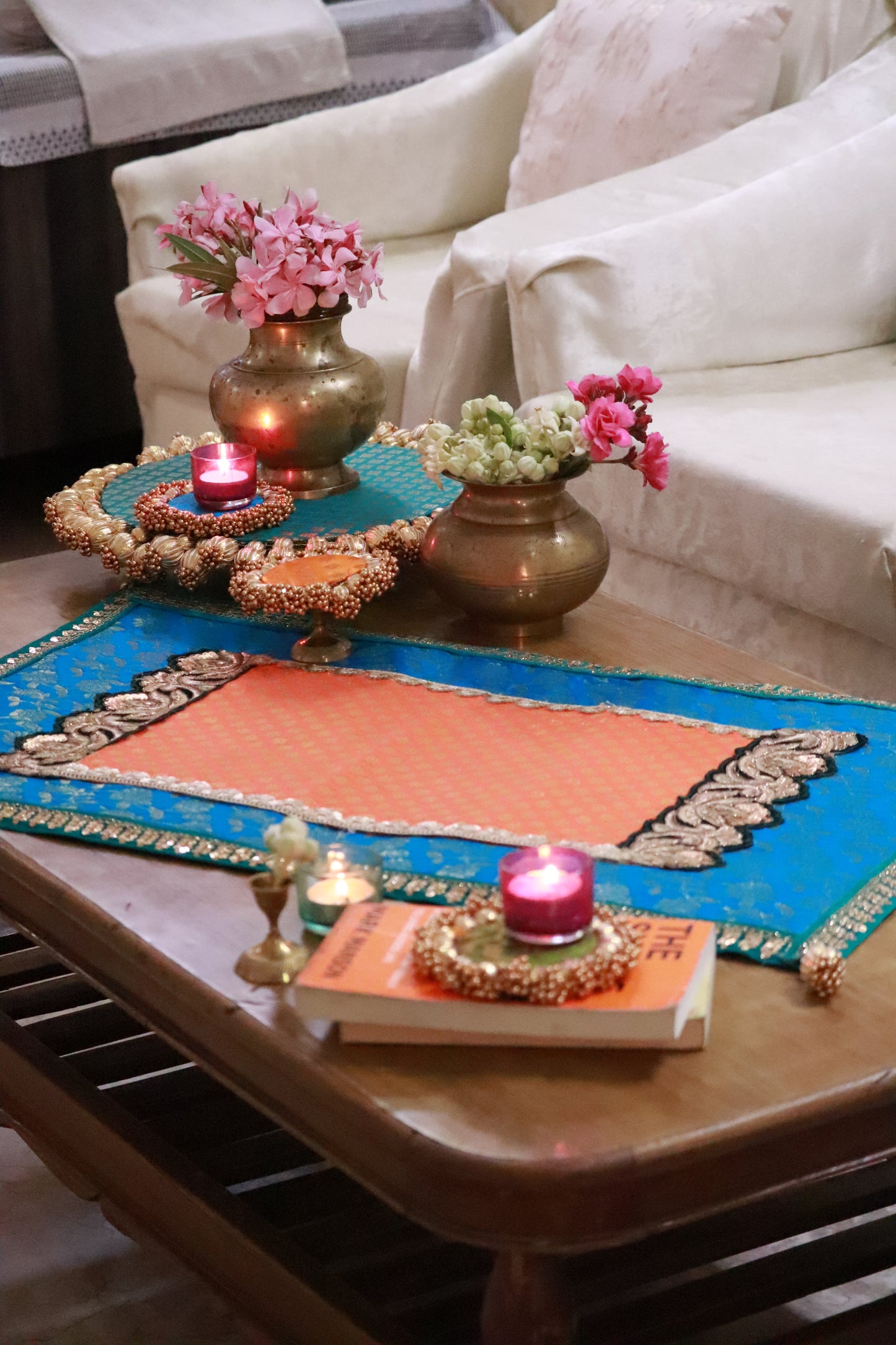 Embroided Banarasi Table runner - Teal and orange