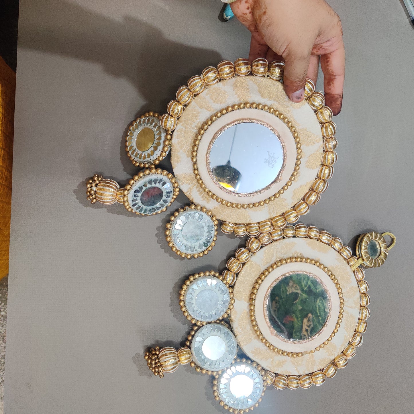 Mirrorwork Shubh labh hanging Pair - white and gold / Pair /Reversible / one side mirror