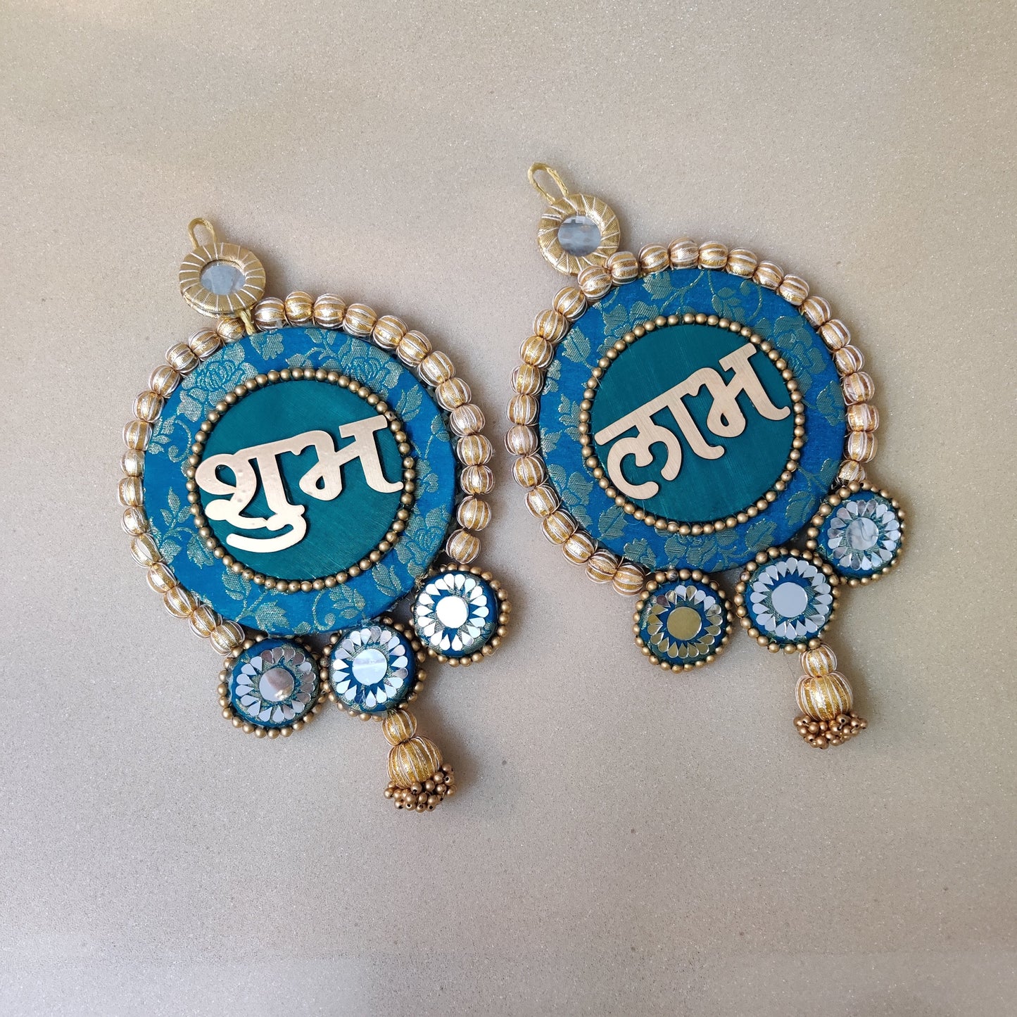 Mirrorwork Shubh labh hanging Pair -teal /Reversible / one side mirror