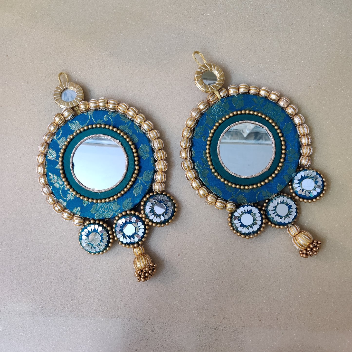 Mirrorwork Shubh labh hanging Pair -teal /Reversible / one side mirror