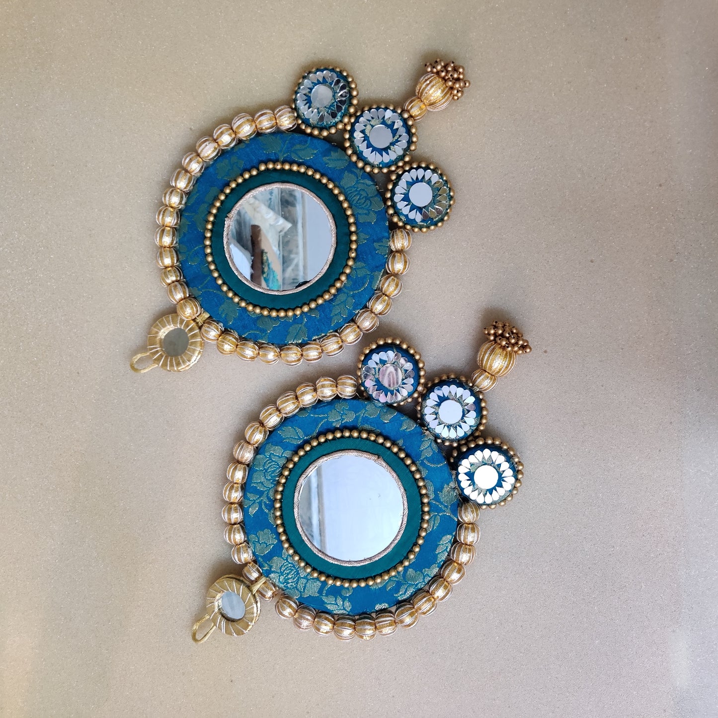 Mirrorwork Shubh labh hanging Pair -teal /Reversible / one side mirror