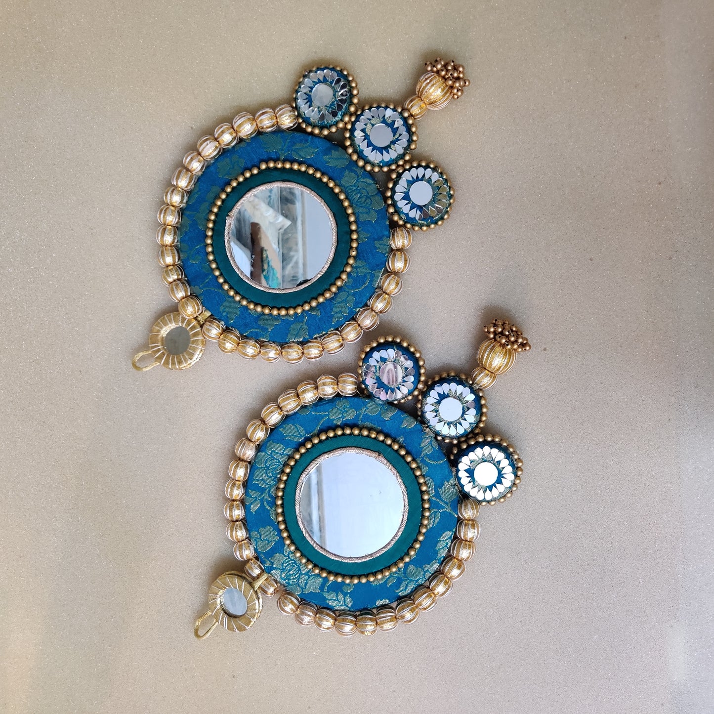 Mirrorwork Shubh labh hanging Pair -teal /Reversible / one side mirror